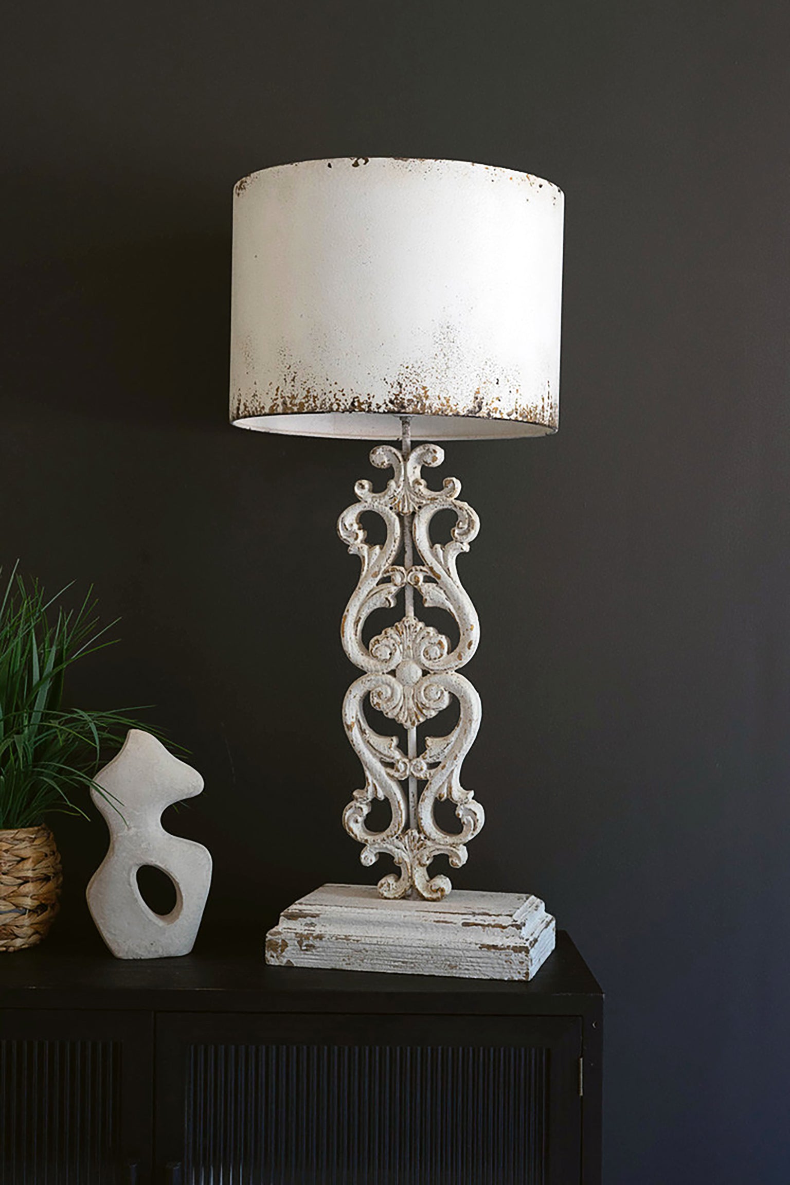 Antique White Rustic Metal Cottagecore Table Lamp With Carved Damask Base