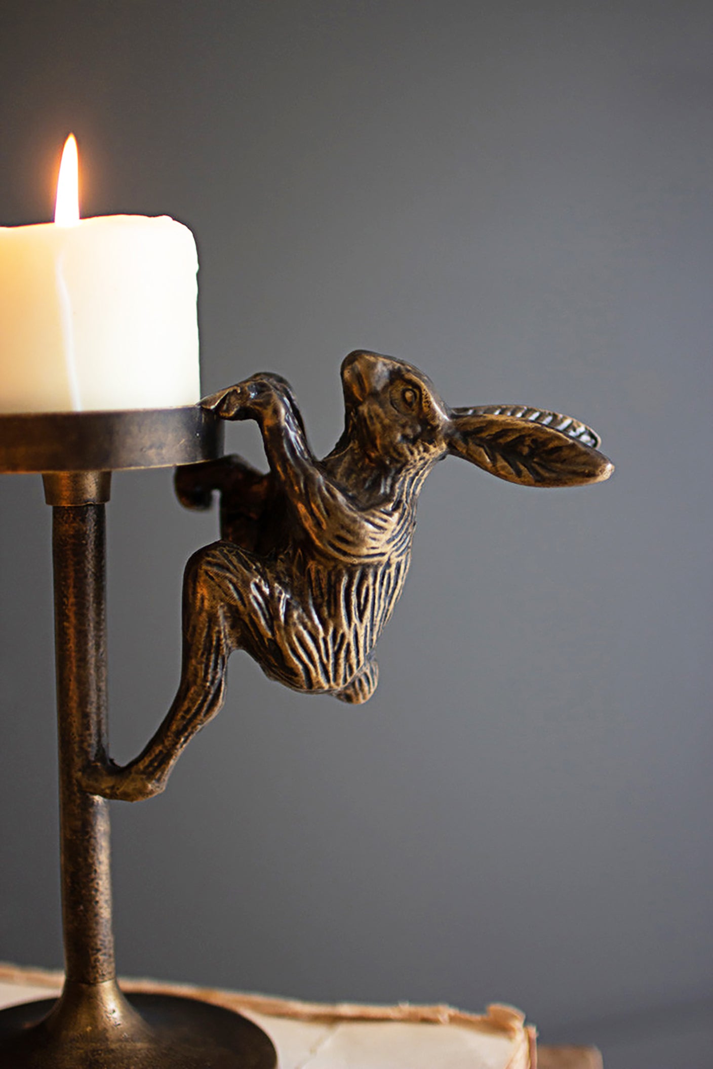 Antique Brass Cast Aluminum Rabbit Pillar Candle Holders - Set of 2