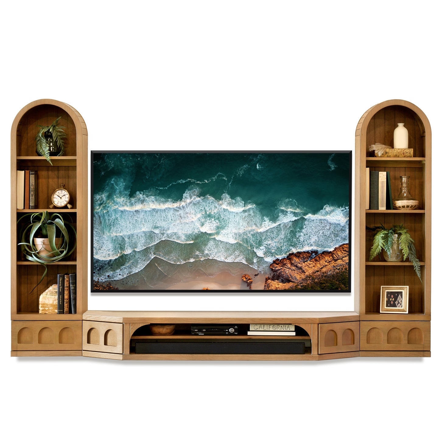 Floating TV Stand Natural Light Oak Arched Wall Mount Entertainment Center For Up To 65" Screens - Santa Barbara - Wheat