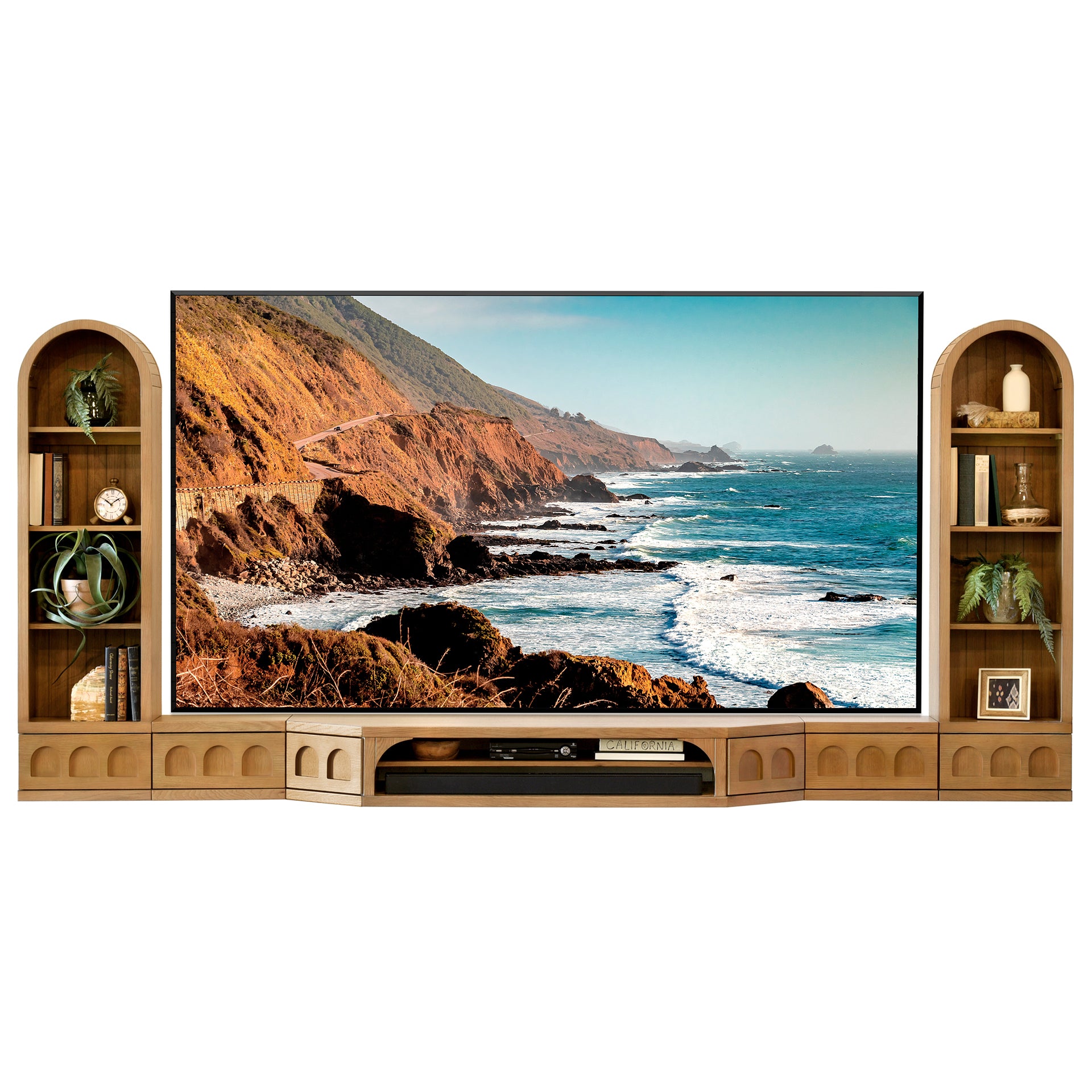 Light Natural Oak Floating TV Console Arched Bookcase Wall Mount Entertainment Center - Santa Barbara - Wheat