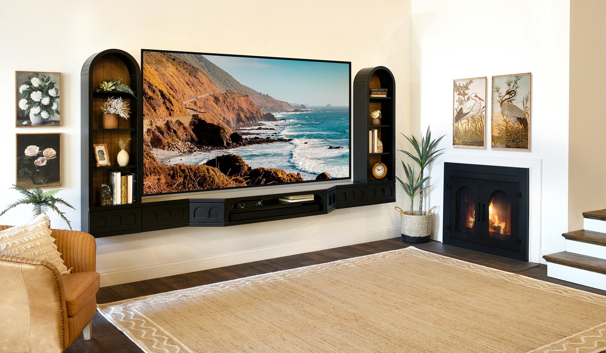 Arched Floating TV Stand Curved Wall Mount Entertainment Center For Up To 100" Screens - Santa Barbara - Black