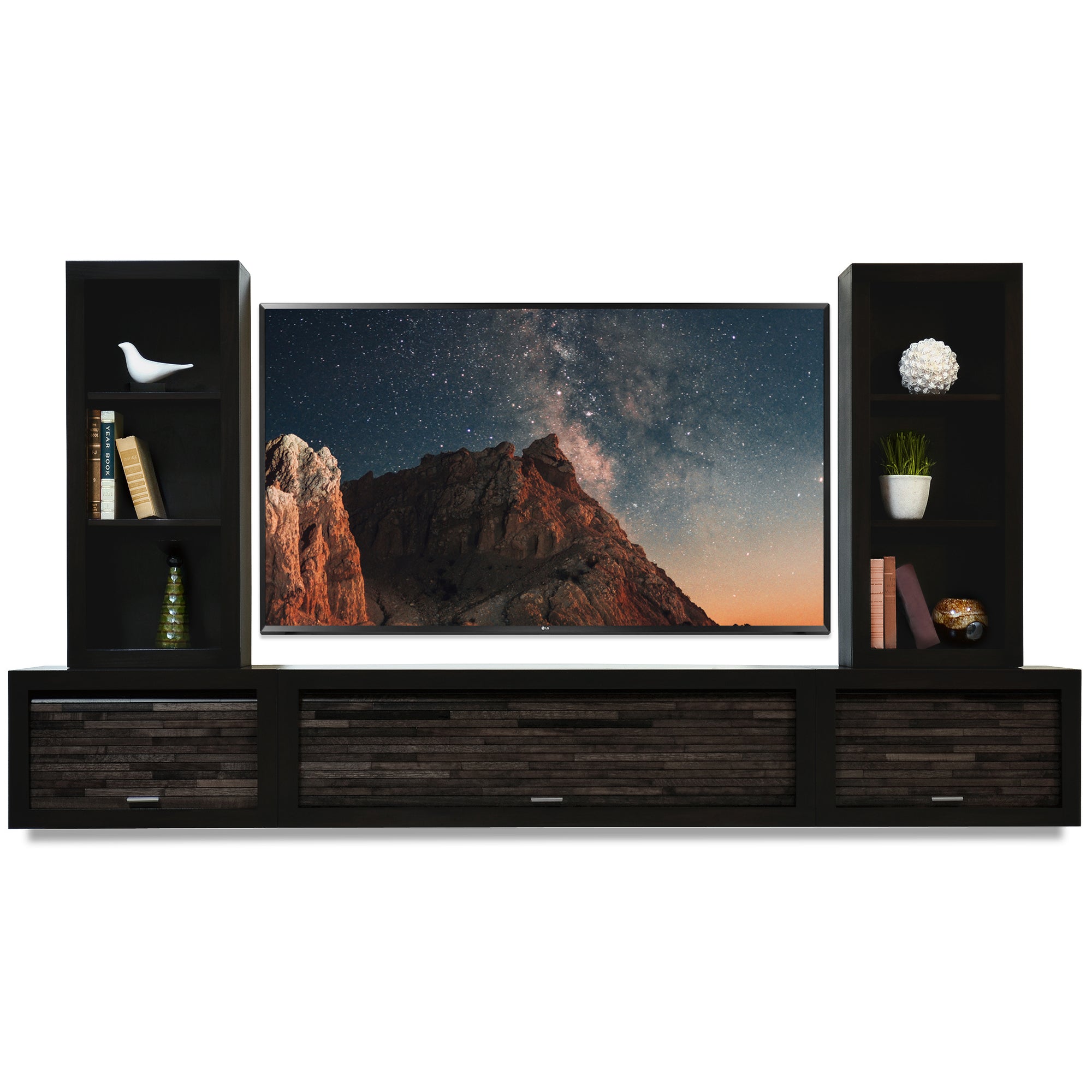 Black Handcrafted Floating TV Stand Entertainment Center With Bookcases - ECO GEO