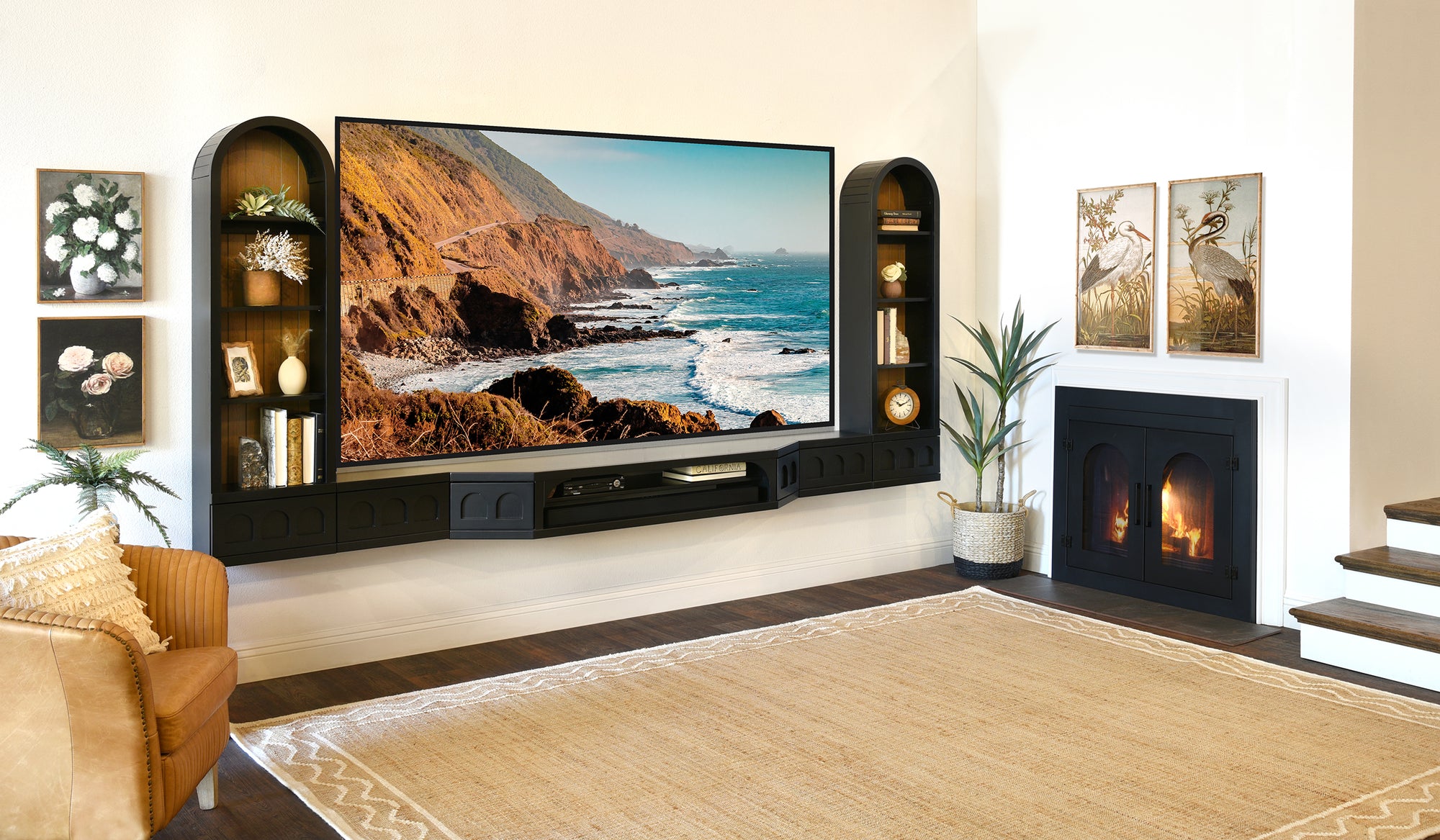 Arched Floating TV Stand Curved Wall Mount Entertainment Center For Up To 100" Screens - Santa Barbara - Black