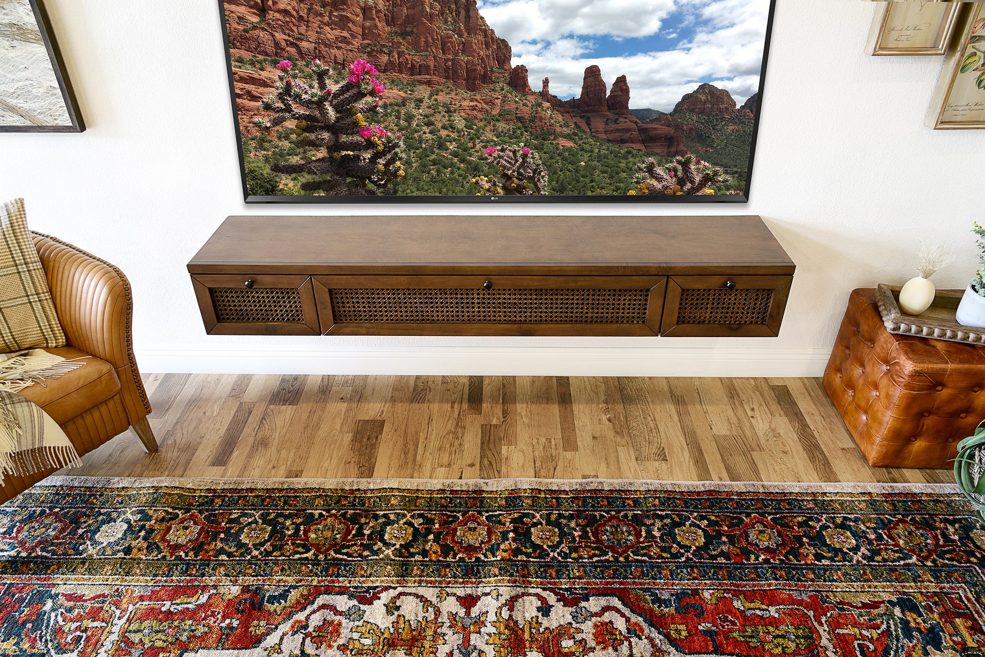 Floating TV Stand - Cane Wall Mount Entertainment Center Console - Sugar Cane - Spice