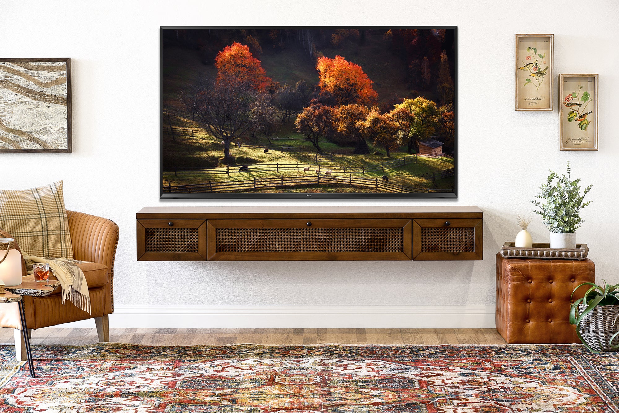 Floating TV Stand - Cane Wall Mount Entertainment Center Console - Sugar Cane - Spice