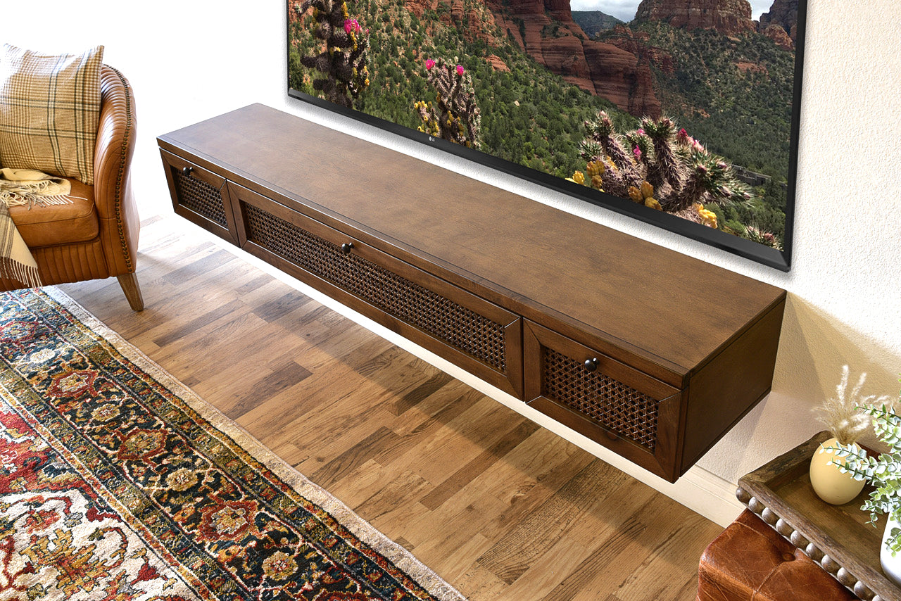 Floating TV Stand - Cane Wall Mount Entertainment Center Console - Sugar Cane - Spice