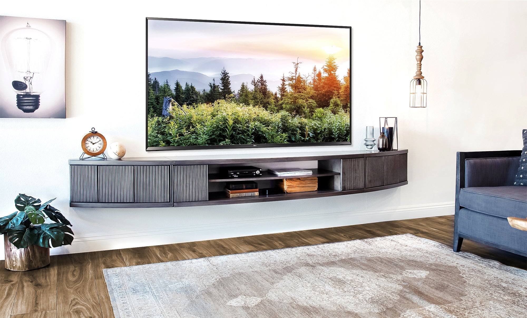 Gray Floating TV Stand Curved Wall Mount Entertainment Center - Arc - Greystone