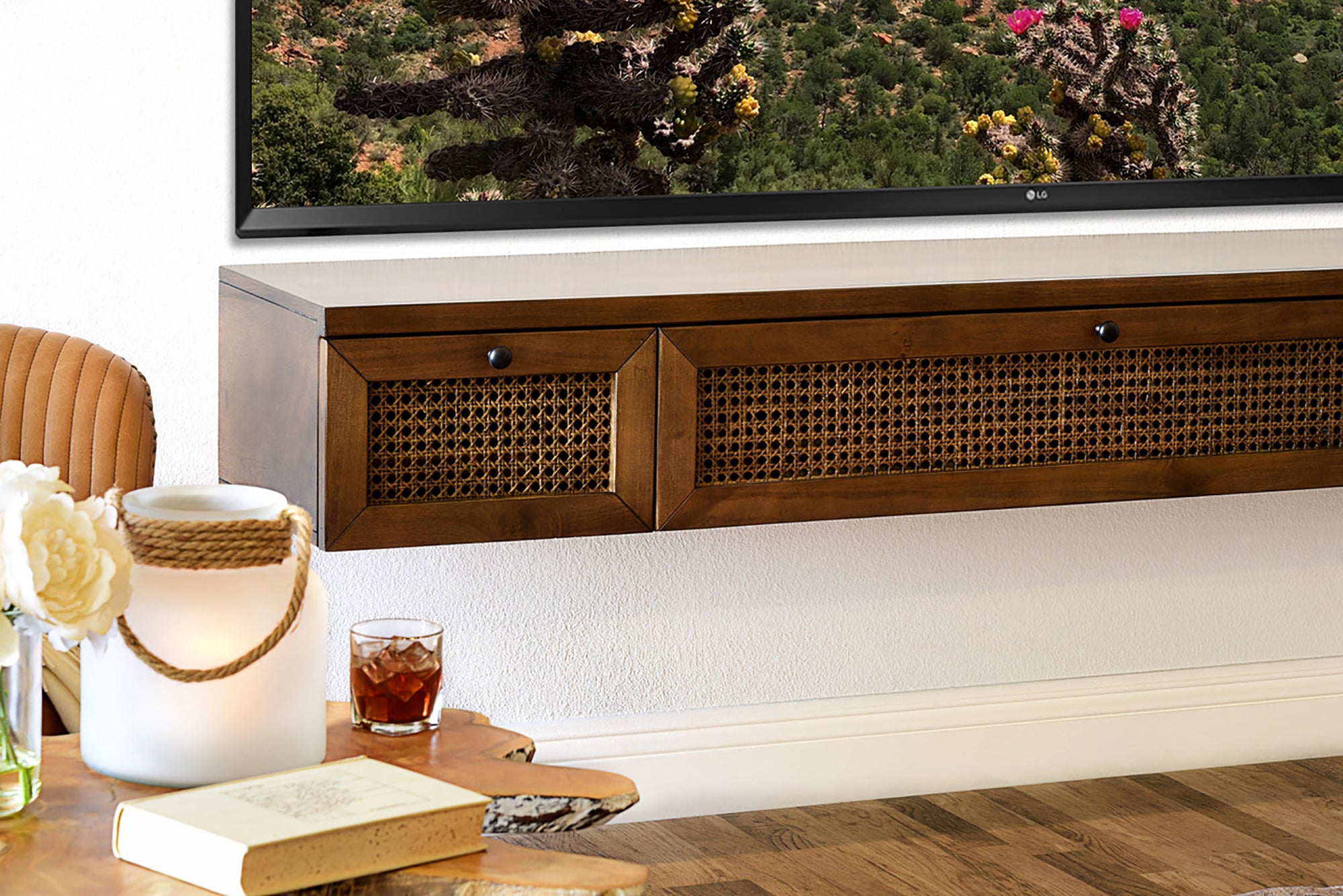 Floating TV Stand - Cane Wall Mount Entertainment Center Console - Sugar Cane - Spice