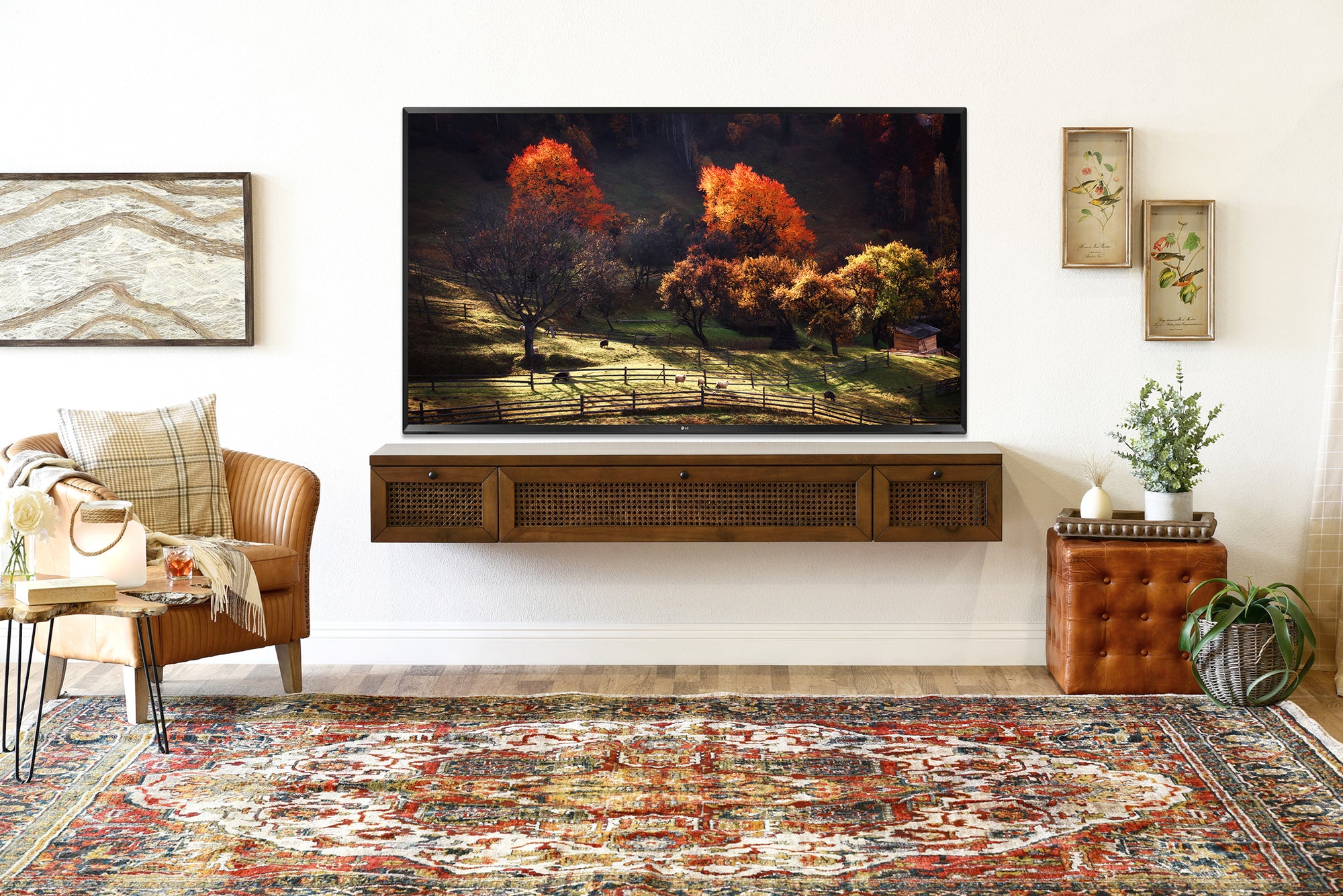 Floating TV Stand - Cane Wall Mount Entertainment Center Console - Sugar Cane - Spice