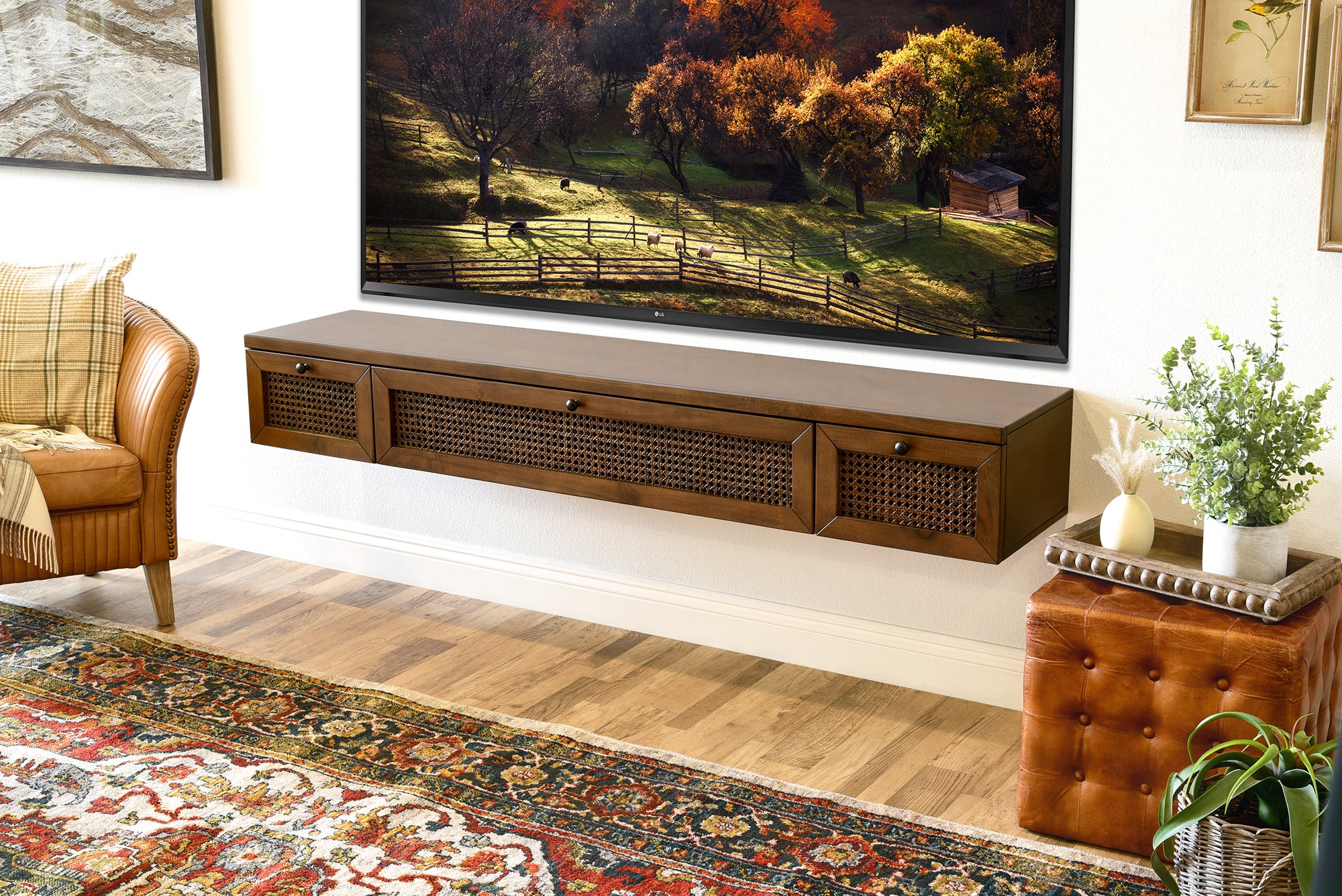 Floating TV Stand - Cane Wall Mount Entertainment Center Console - Sugar Cane - Spice