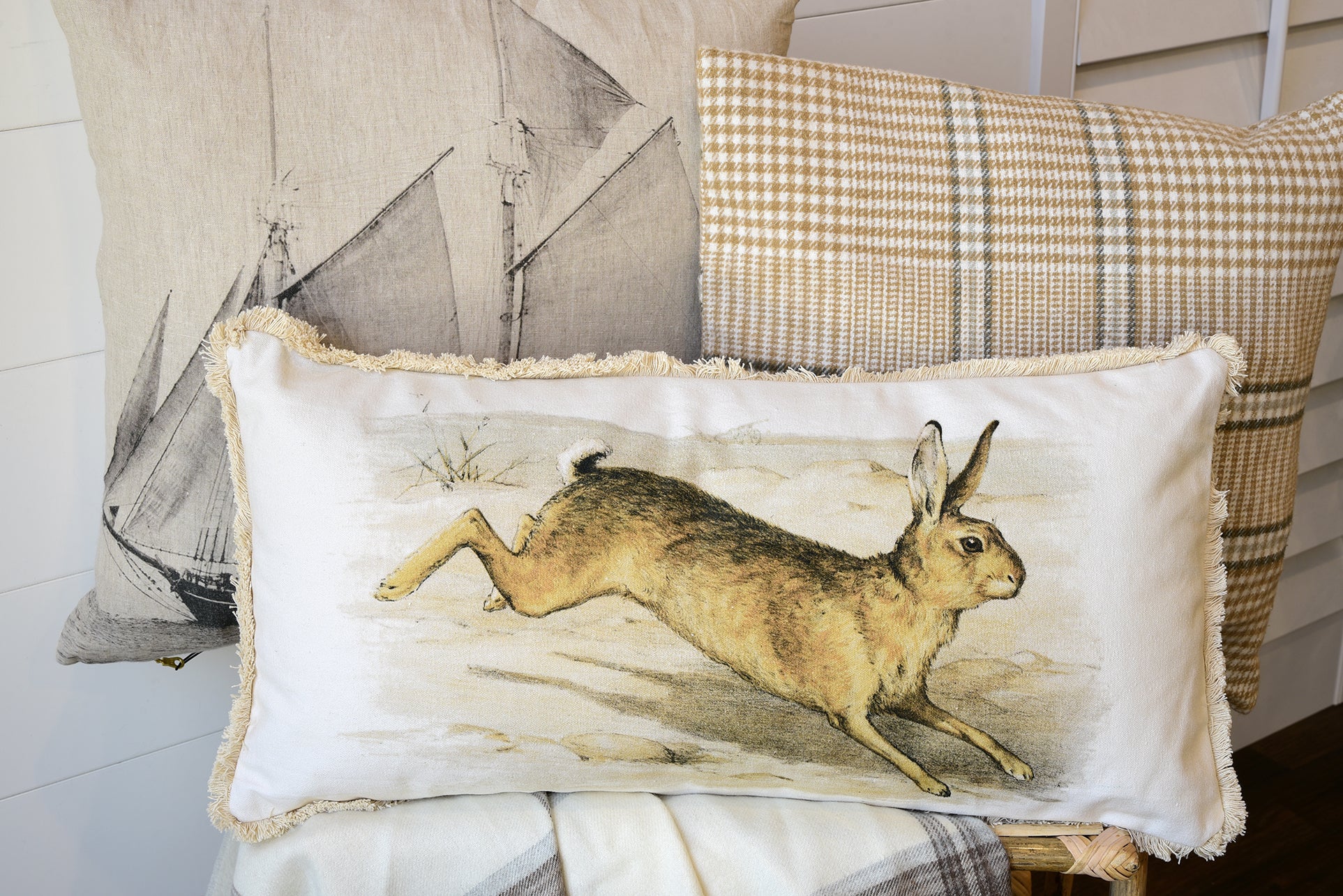 Cotton Lumbar Pillow With Rabbit & Fringe