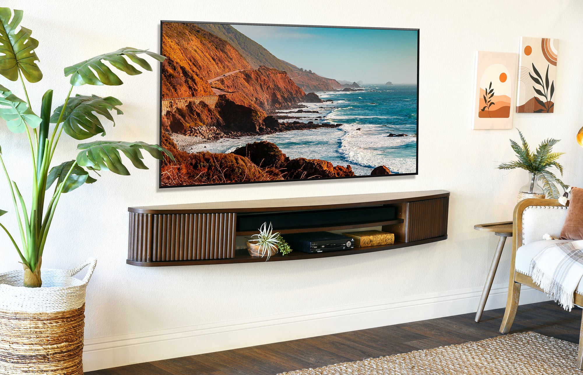 Floating TV Stand Curved Wall Mount 72" Console - Arc - Russet Brown