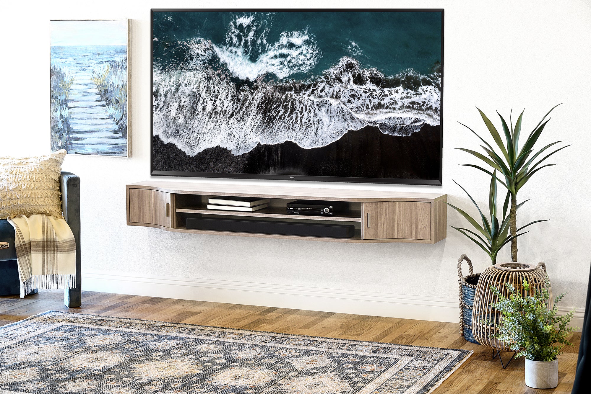 Modern Handcrafted Curved Floating TV Stand Console - Mojave - Gray