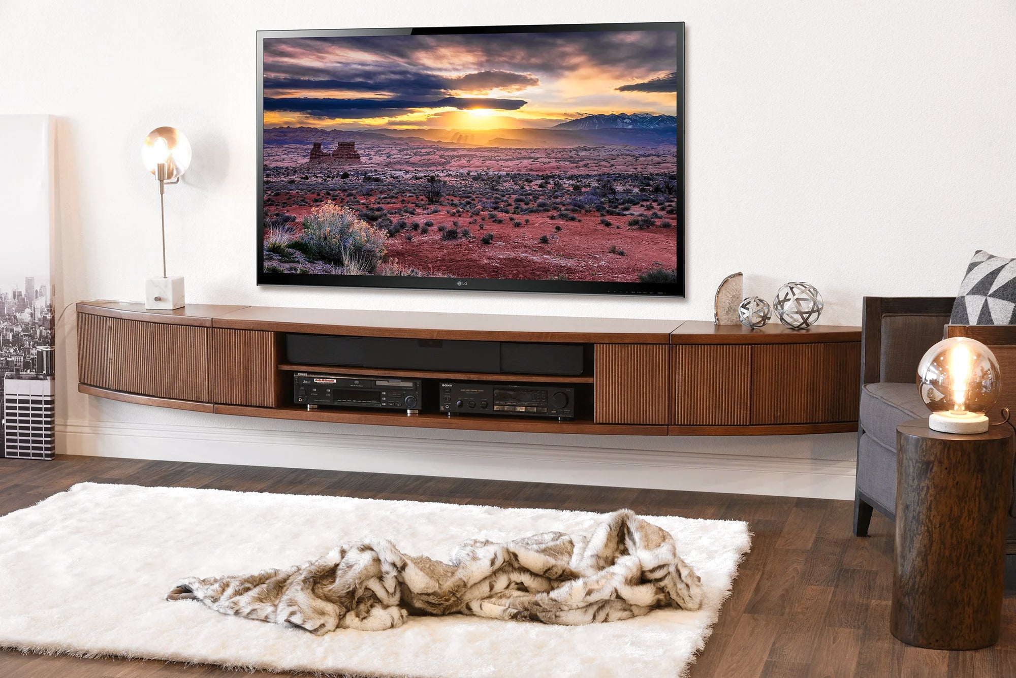 Floating TV Stand Curved Wall Mount Entertainment Center - Arc - Mocha