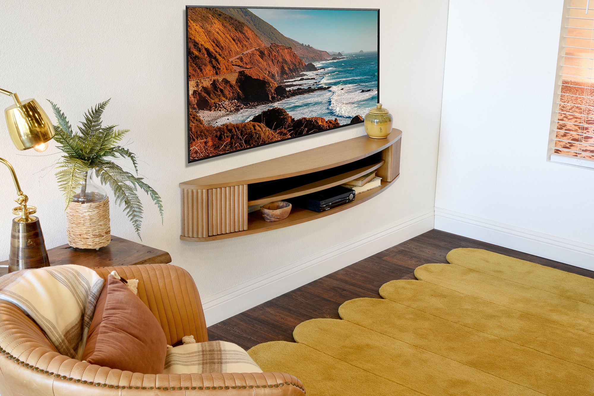 Floating TV Stand Curved Wall Mount 58" Console - Arc - Wheat