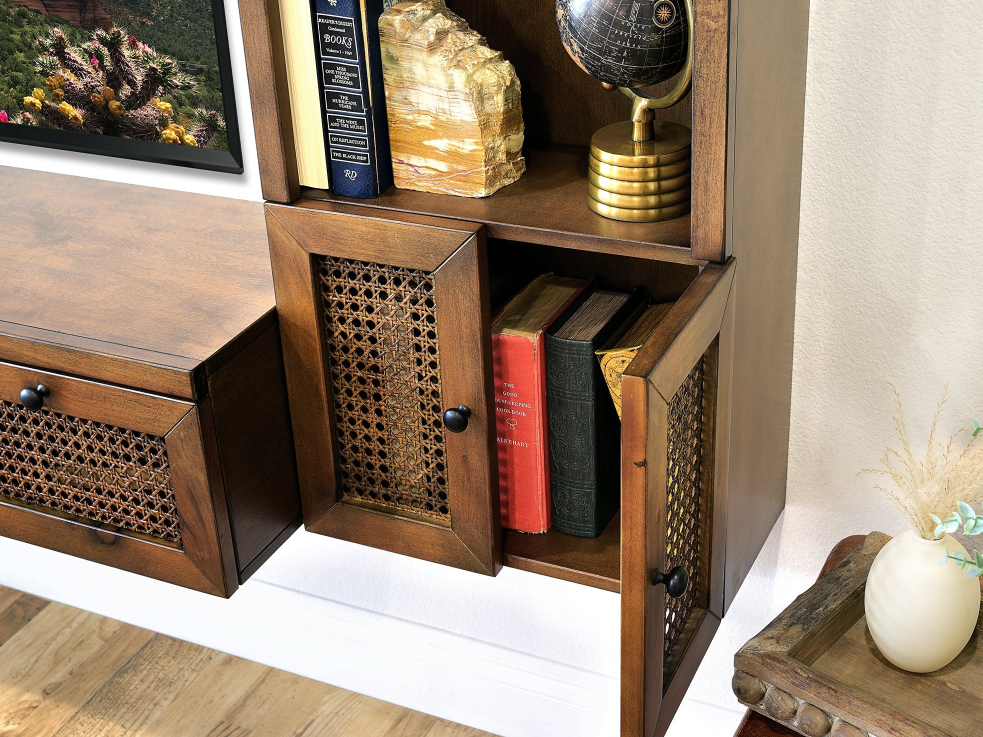 Floating Bookshelf Set - Woodwaves - Wall Mount Boho Cane Storage Bookcases - Sugar Cane Collection - Spice