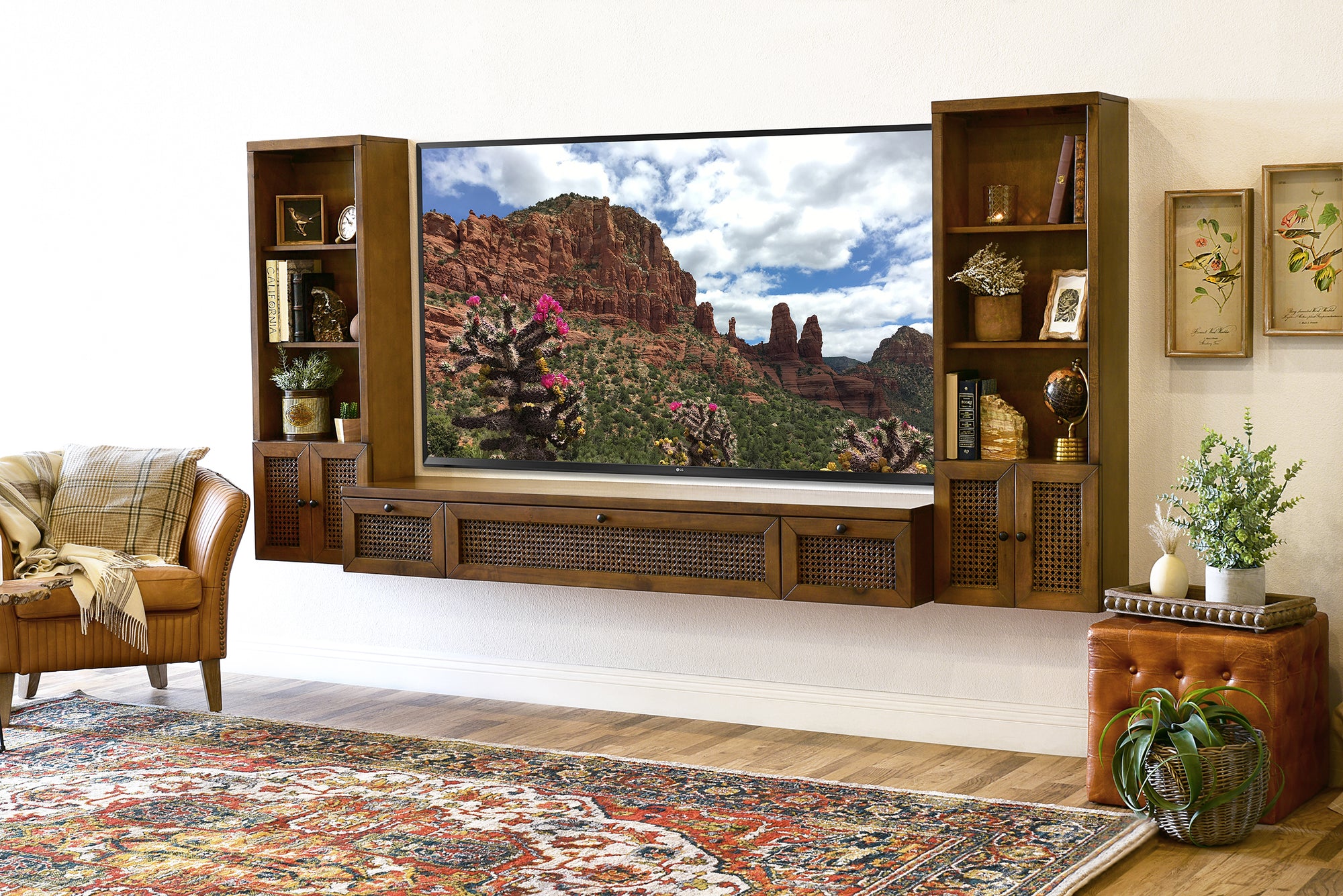 Modern All Wood Wall Mount Entertainment Center Floating TV Stand  - Sugar Cane - Spice