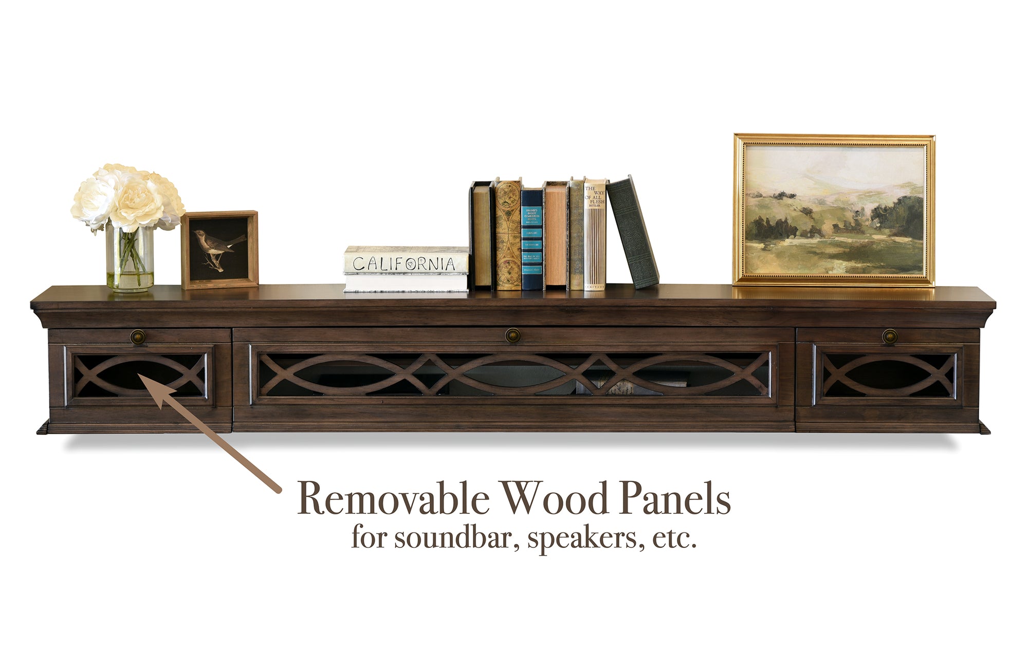 Traditional Handcrafted 72" Floating TV Stand Media Fireplace Mantel Console - Galilee - Espresso