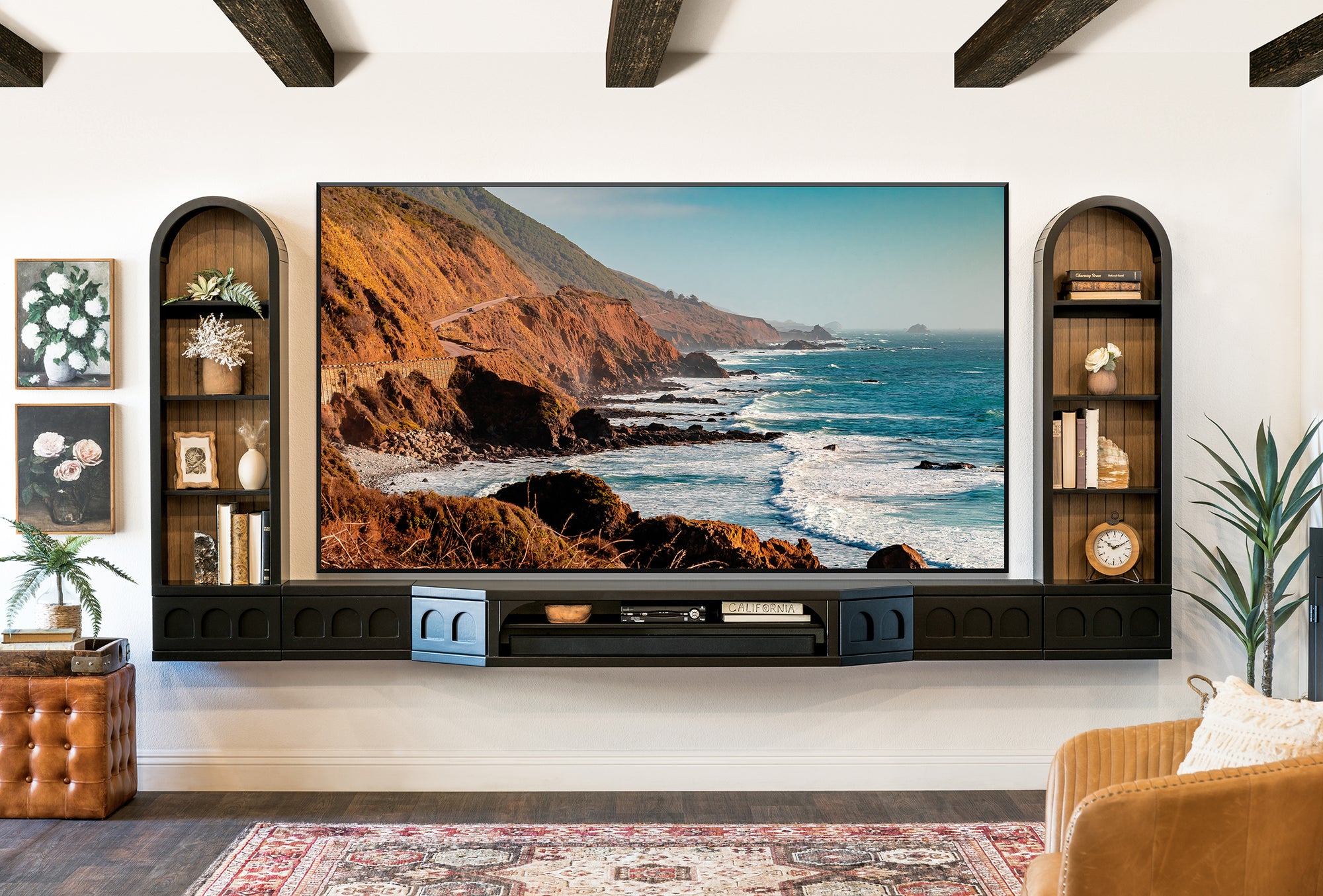 Arched Floating TV Stand Curved Wall Mount Entertainment Center For Up To 100" Screens - Santa Barbara - Black