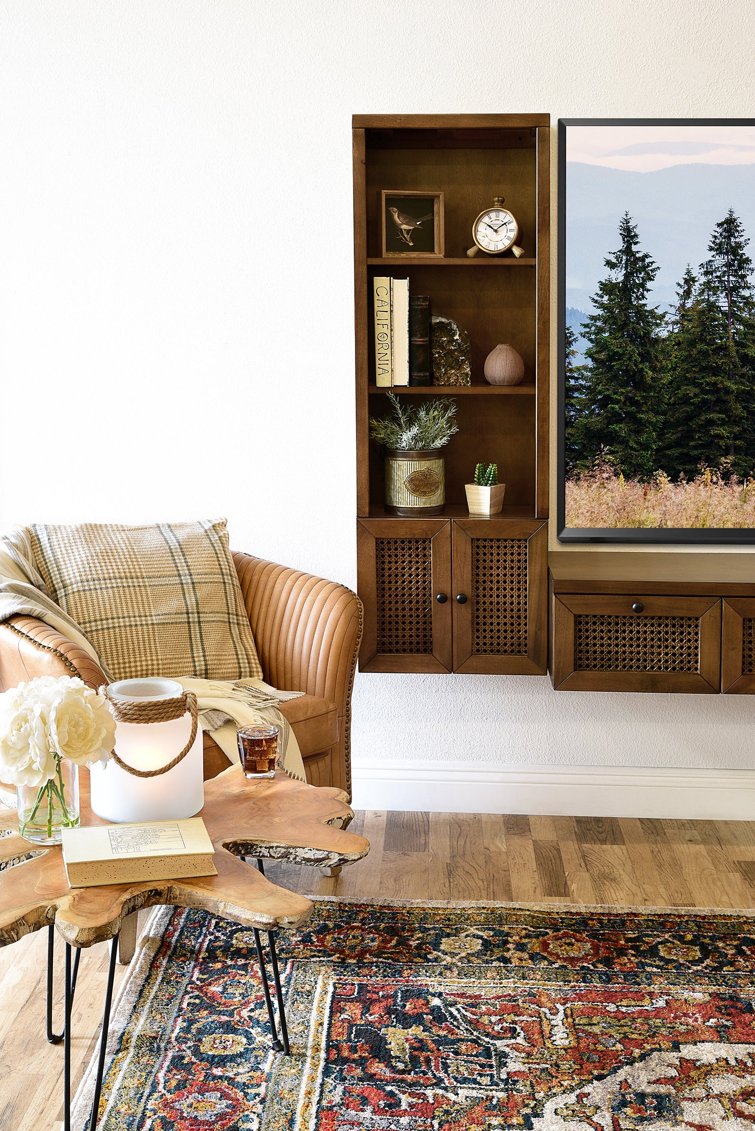 Modern All Wood Wall Mount Entertainment Center Floating TV Stand  - Sugar Cane - Spice
