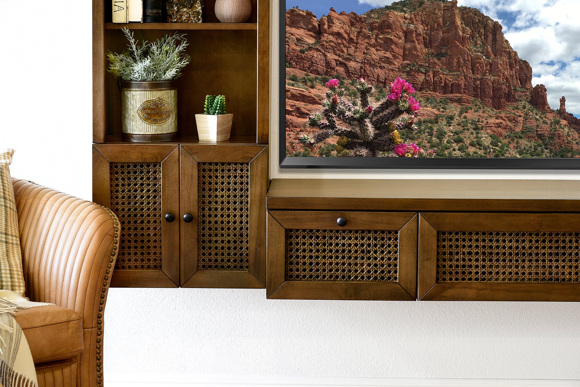 Modern All Wood Wall Mount Entertainment Center Floating TV Stand  - Sugar Cane - Spice