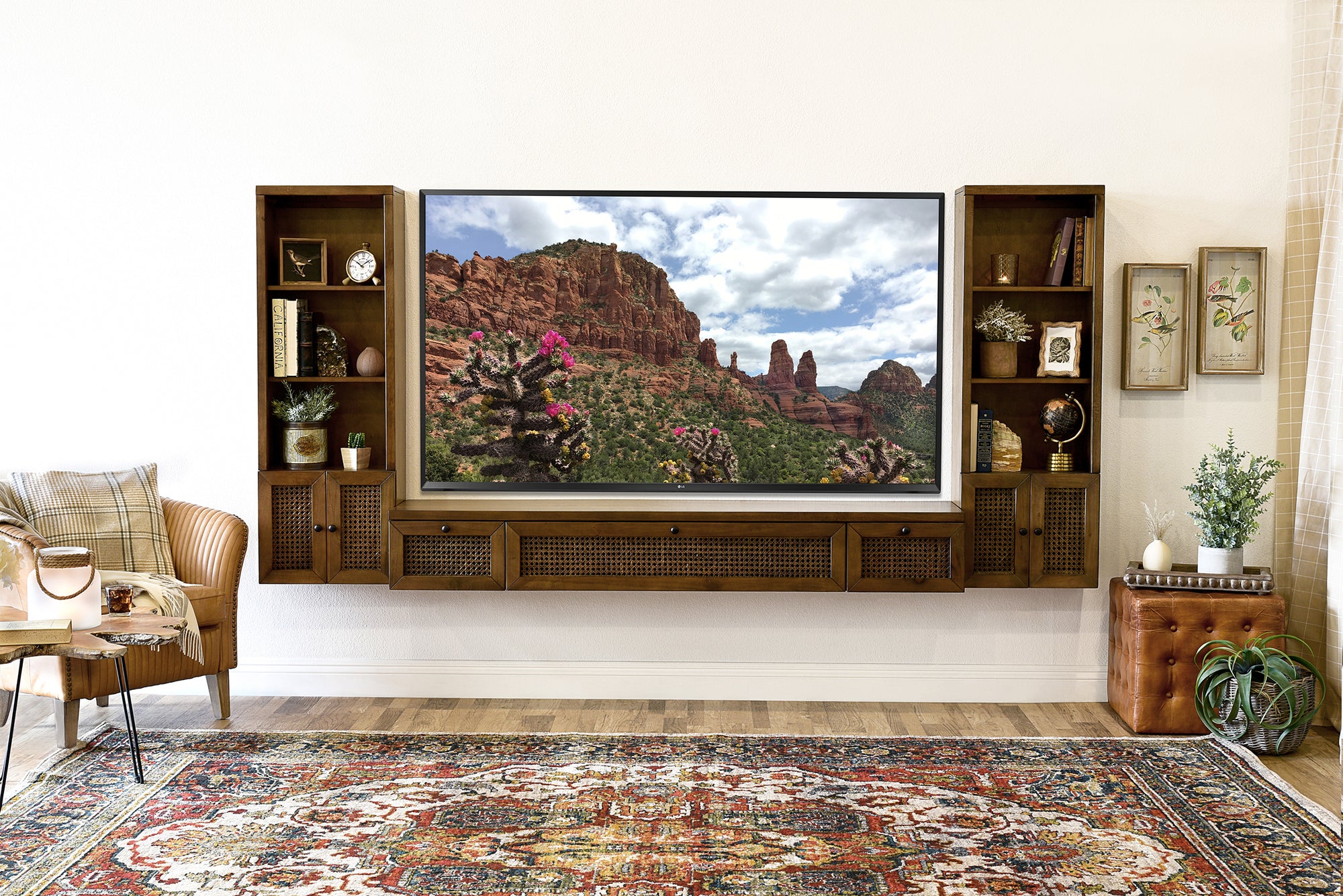 Modern All Wood Wall Mount Entertainment Center Floating TV Stand  - Sugar Cane - Spice