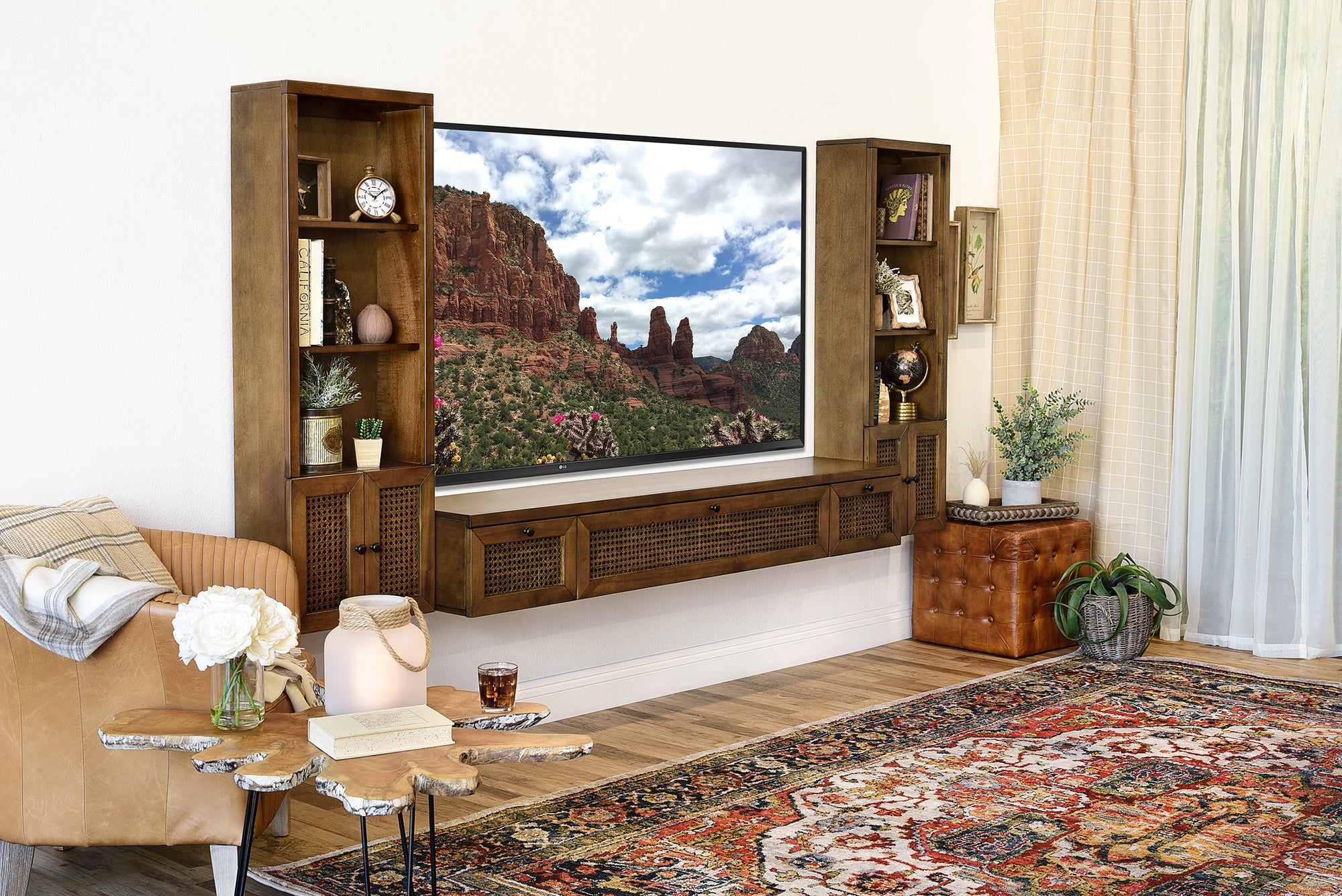 Floating TV Stand - Woodwaves - Floating Entertainment Center Cane Rattan Wicker Console - Sugar Cane Collection - Spice