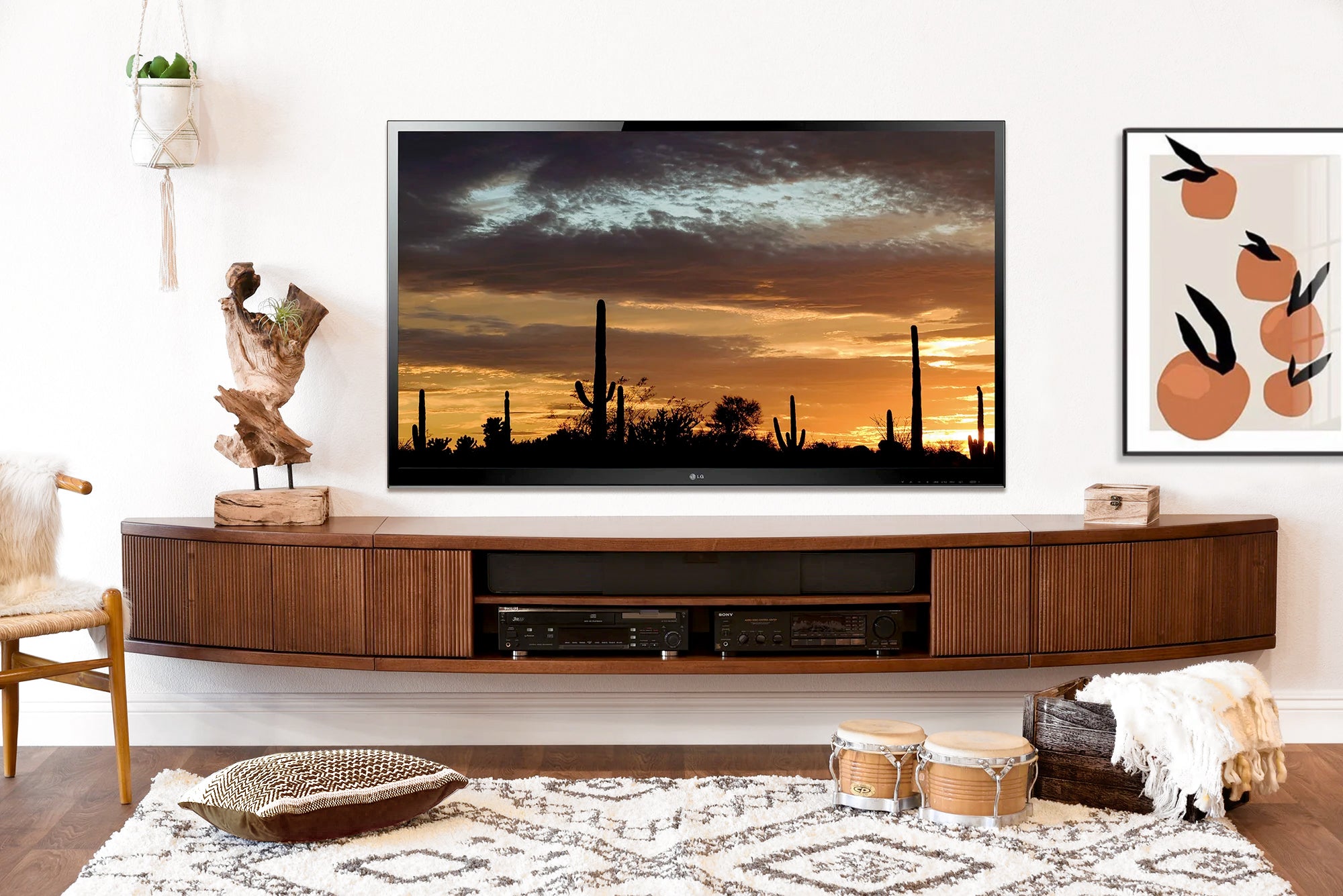 Floating TV Stand Curved Wall Mount Entertainment Center - Arc - Mocha
