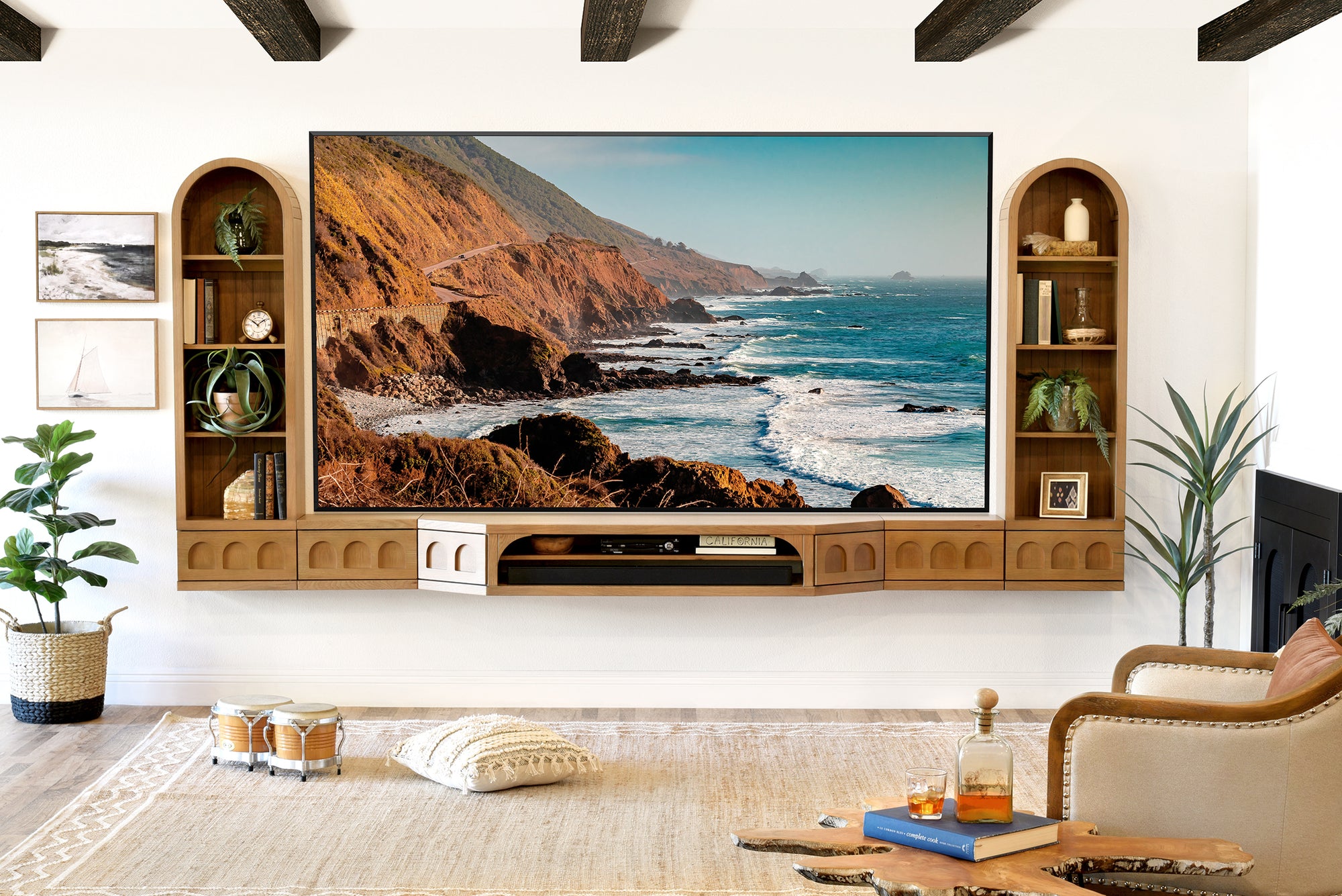 Light Natural Oak Floating TV Console Arched Bookcase Wall Mount Entertainment Center - Santa Barbara - Wheat