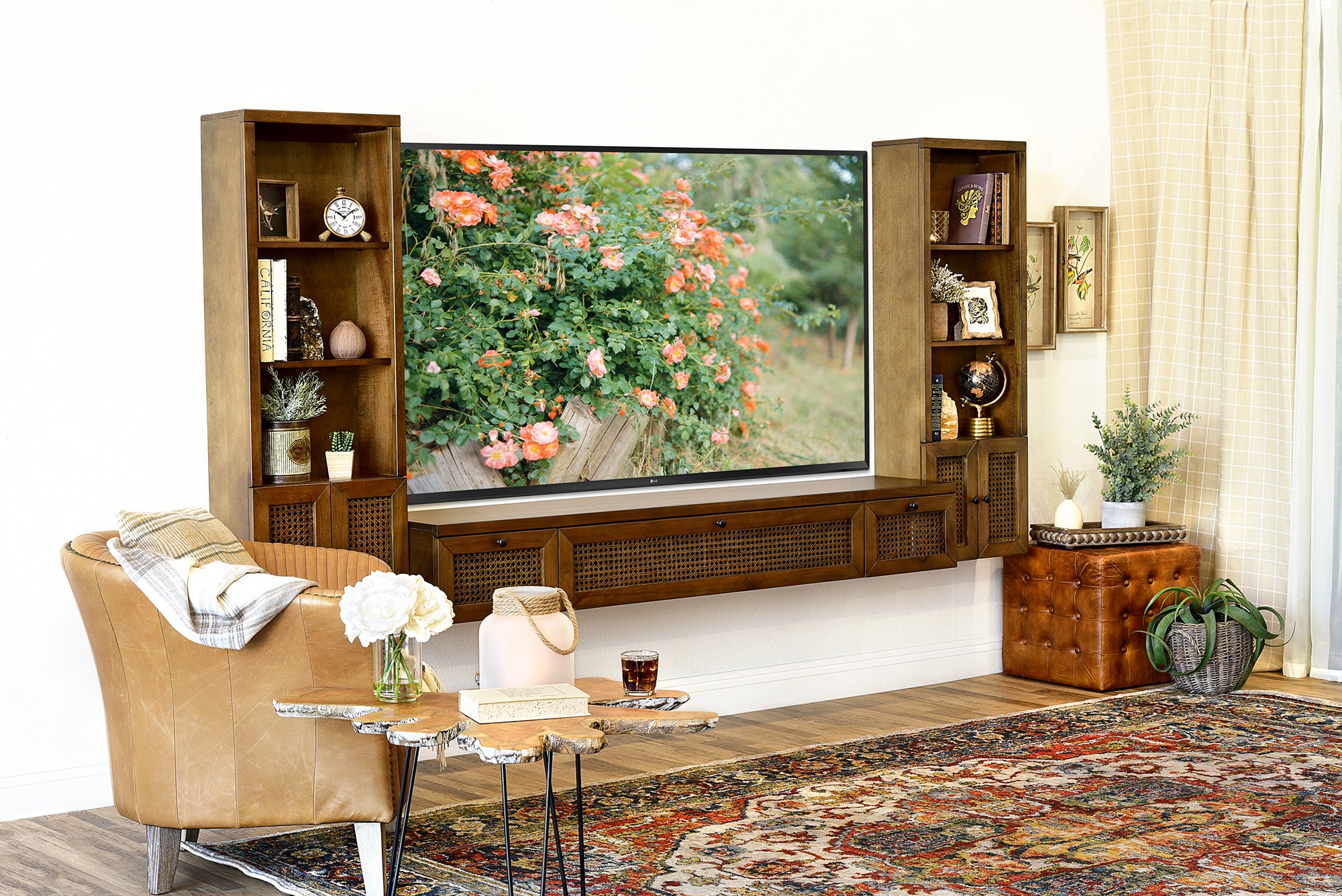 Modern All Wood Wall Mount Entertainment Center Floating TV Stand  - Sugar Cane - Spice