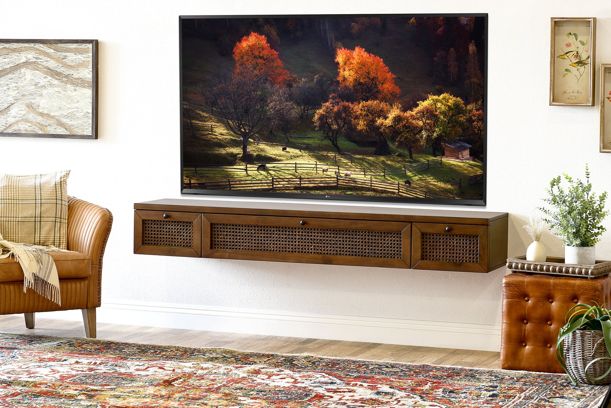 Floating TV Stand - Cane Wall Mount Entertainment Center Console - Sugar Cane - Spice