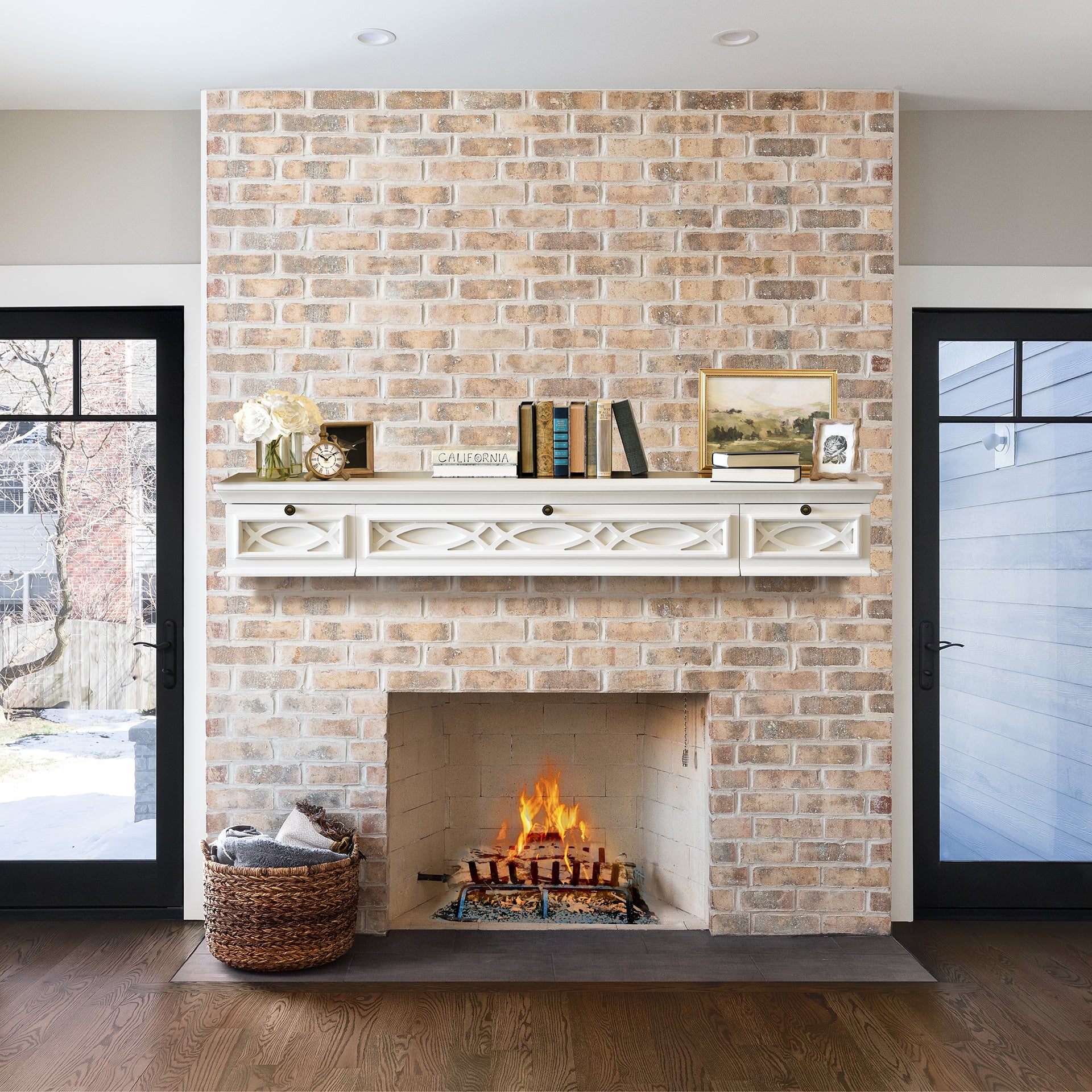 White Traditional Handcrafted 72" Floating TV Stand Wall Mount Media Fireplace Mantel Console - Galilee - Swiss Coffee