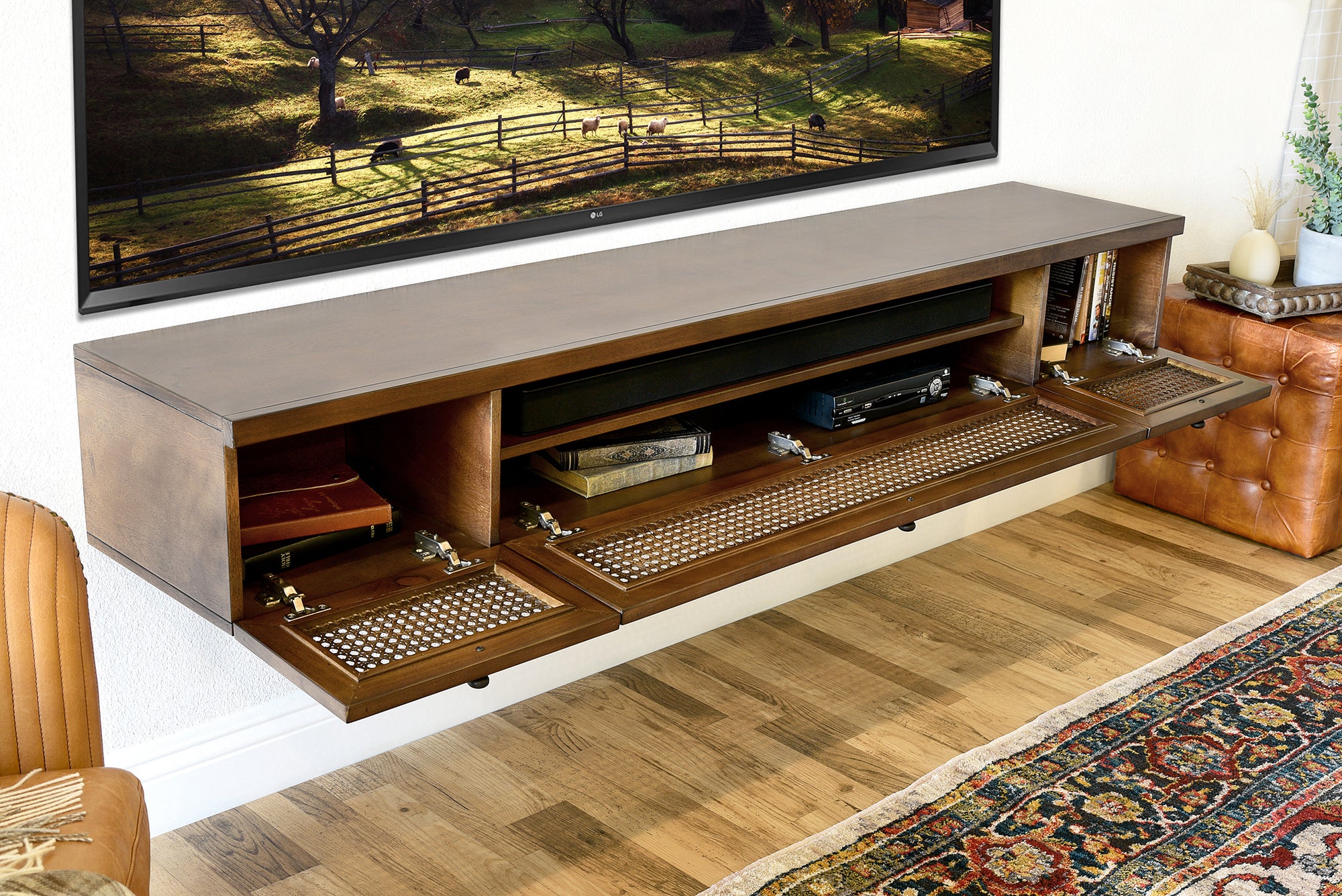 Floating TV Stand - Cane Wall Mount Entertainment Center Console - Sugar Cane - Spice
