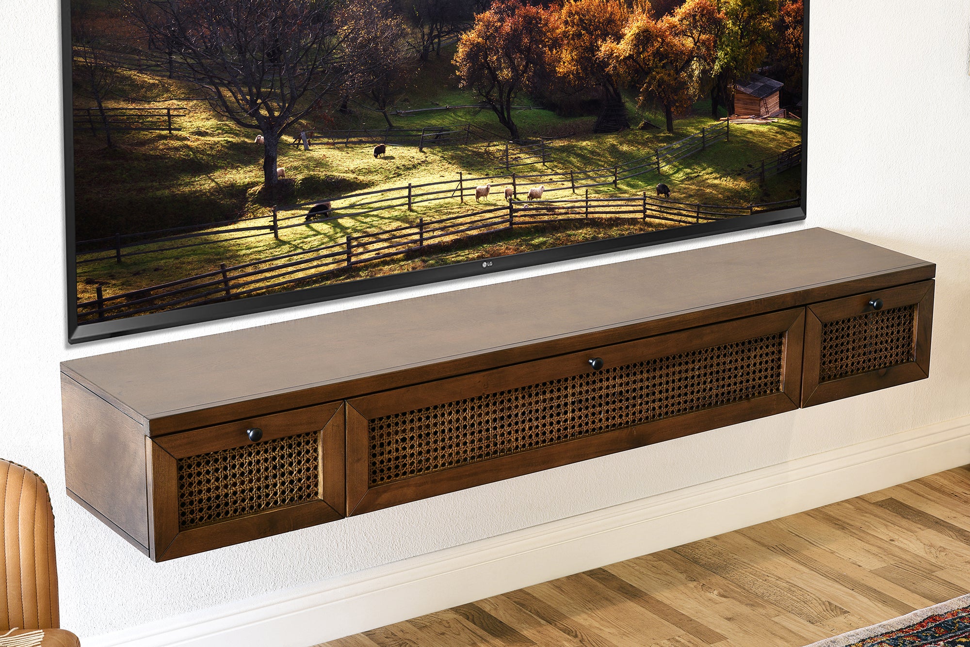 Floating TV Stand - Cane Wall Mount Entertainment Center Console - Sugar Cane - Spice
