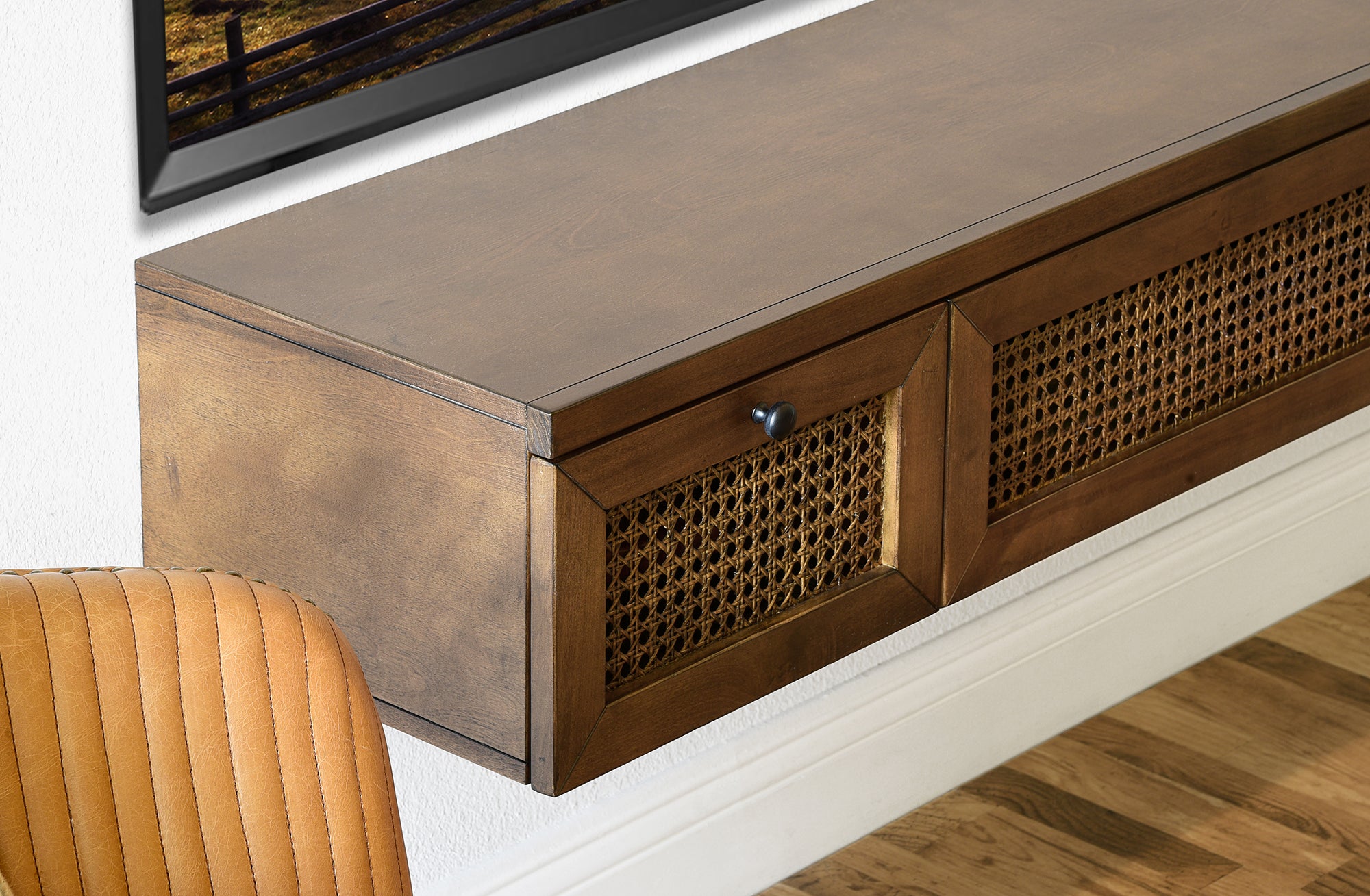 Floating TV Stand - Cane Wall Mount Entertainment Center Console - Sugar Cane - Spice