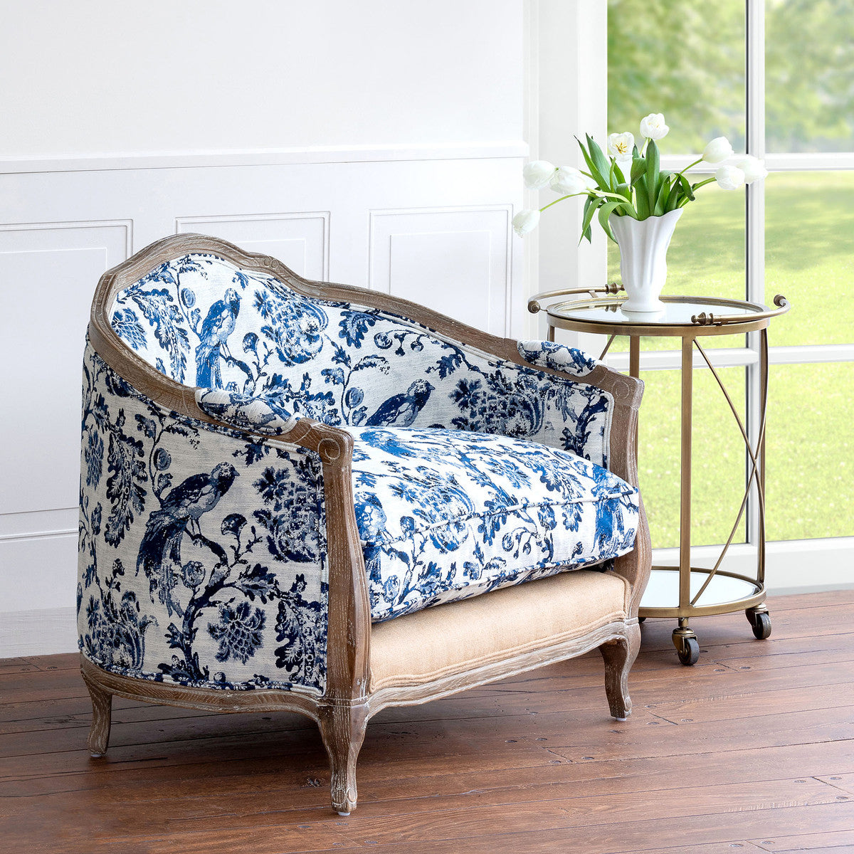 French Country Cottage Blue Bird Toile Settee Chair