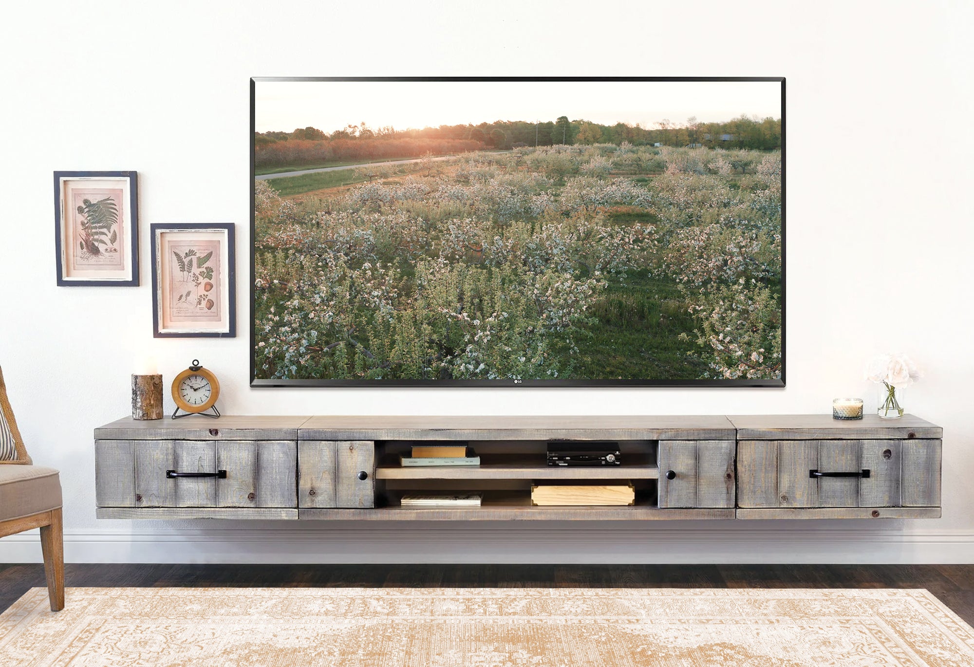 Floating TV Stand - Woodwaves - Rustic Floating Entertainment Center - Farmhouse Collection - Lakewood Gray