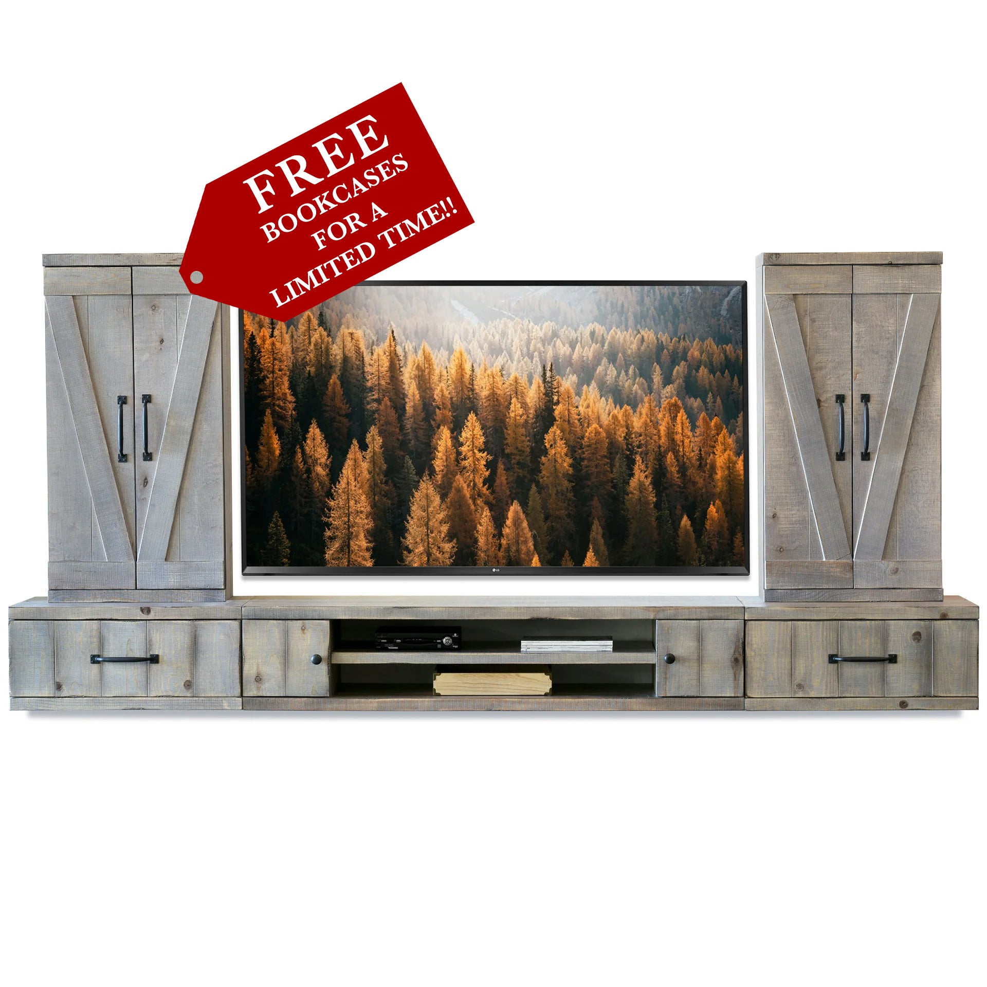 Floating TV Stand - Woodwaves - Rustic Floating Barn Door Entertainment Center - Farmhouse Collection - Lakewood Gray