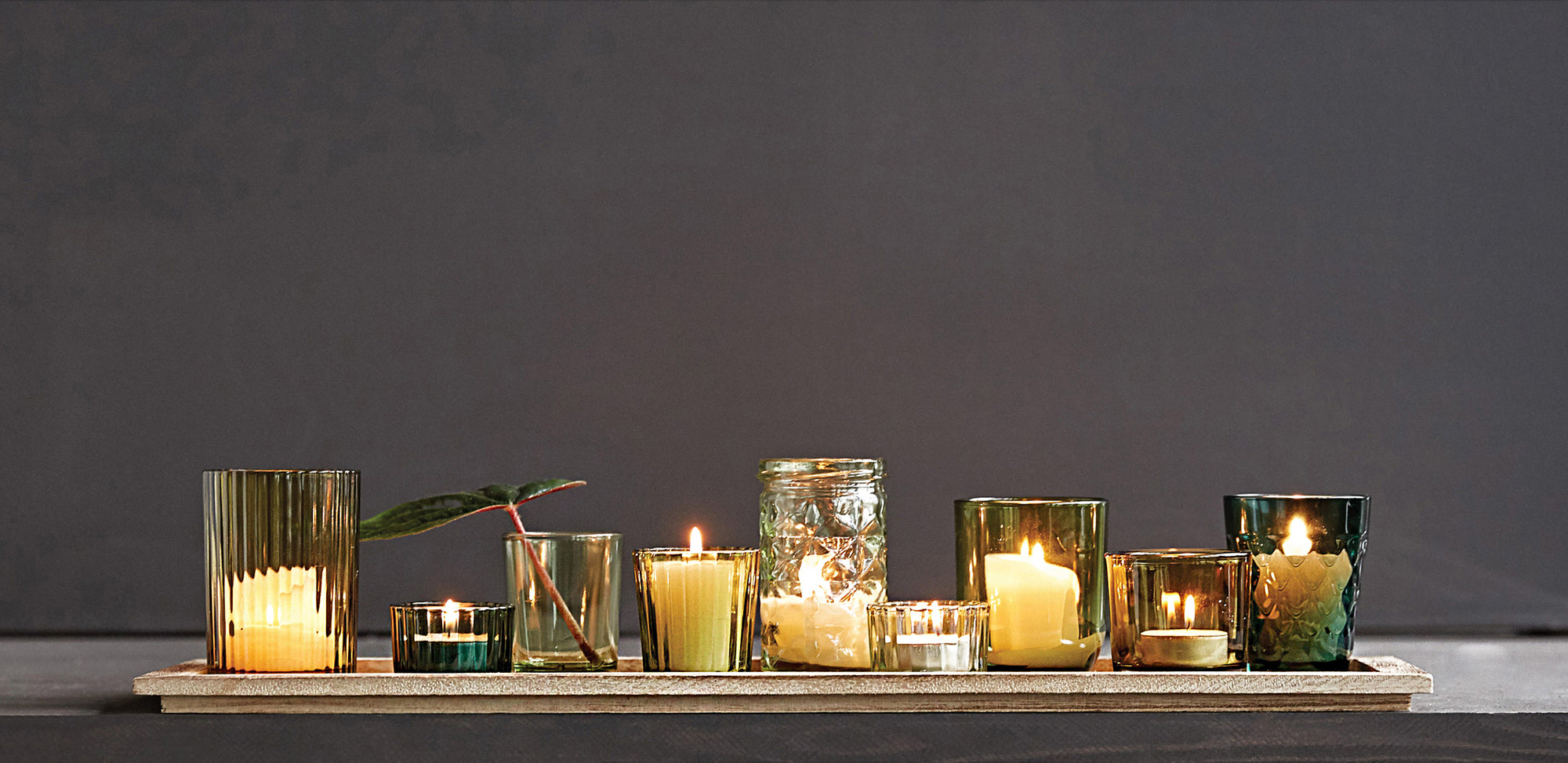 Green Glass Tealight Candle Holders With Wood Tray