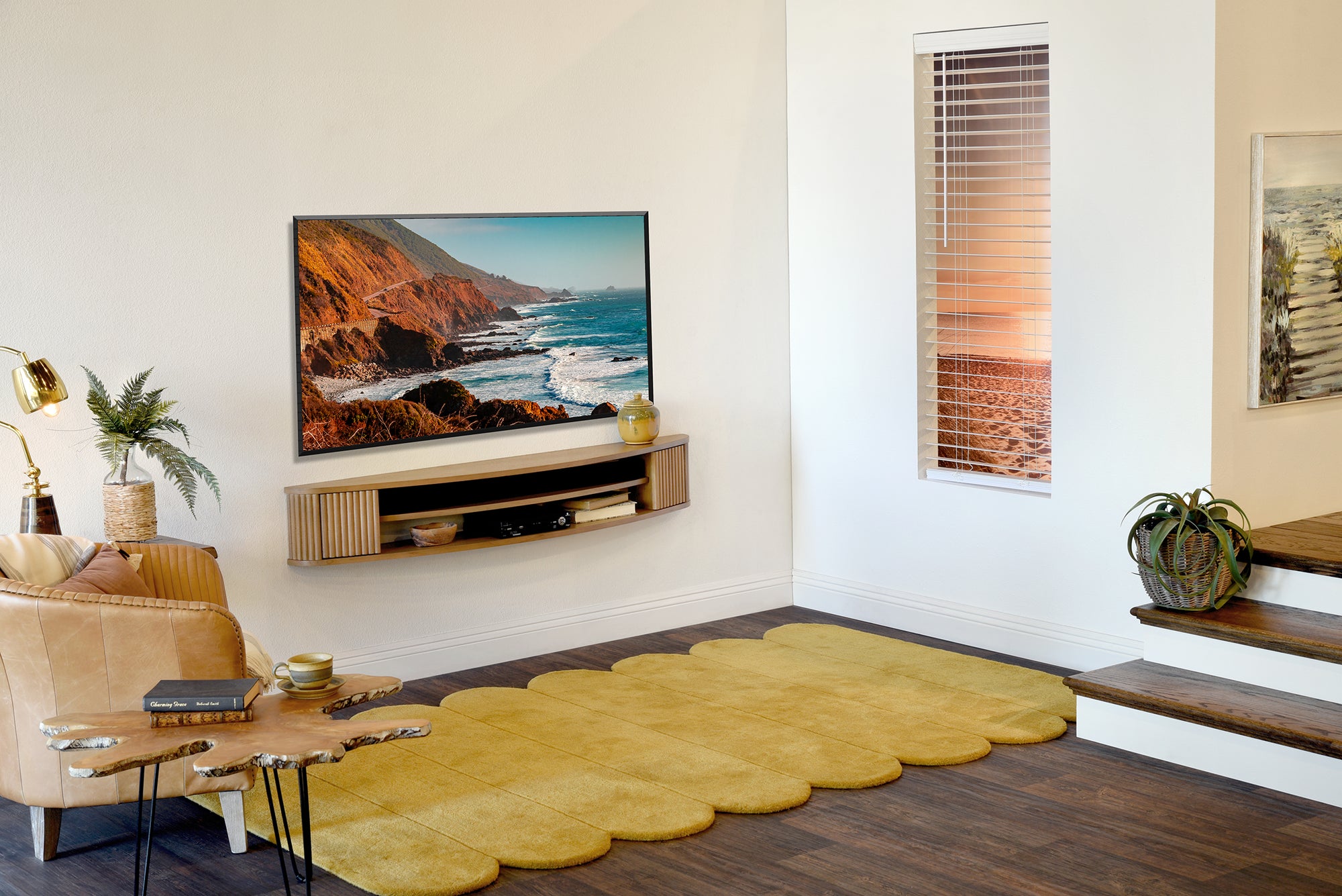 Floating TV Stand Curved Wall Mount 58" Console - Arc - Wheat