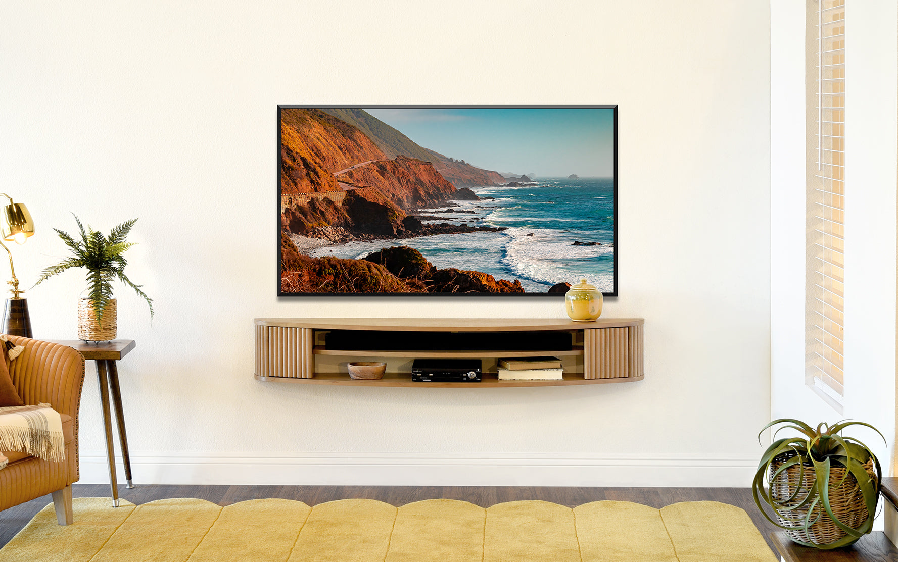 Floating TV Stand Curved Wall Mount 58" Console - Arc - Wheat