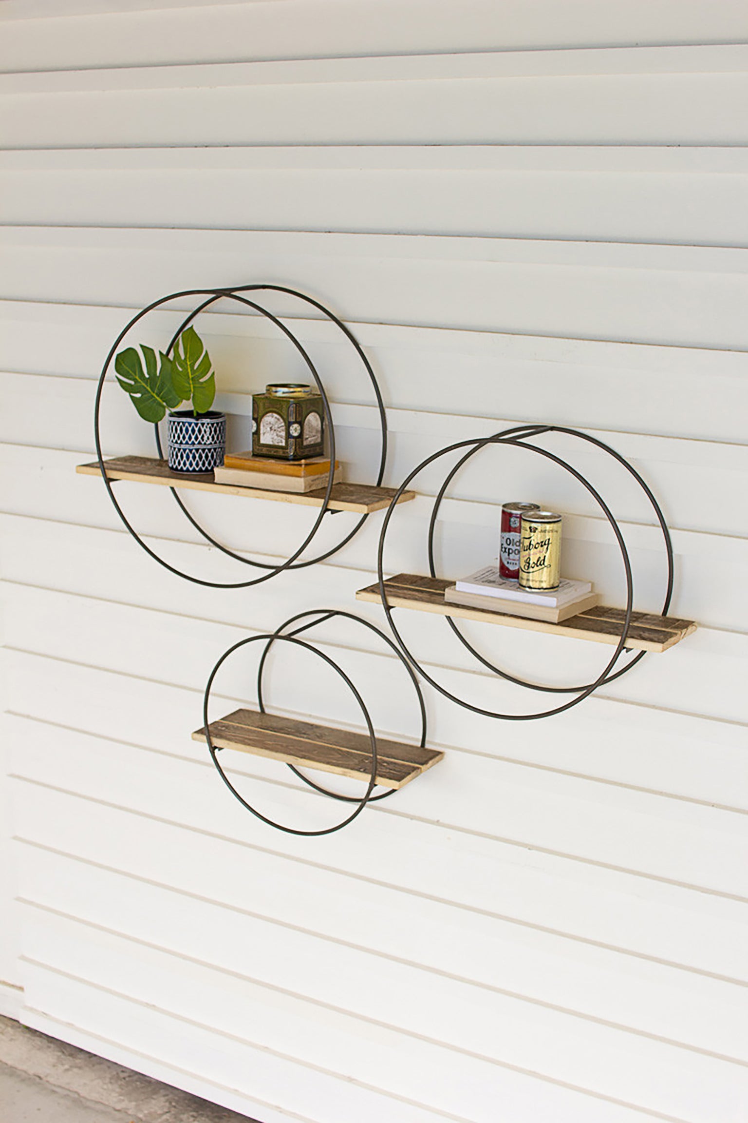 Metal Circle Floating Wood Wall Shelf Set