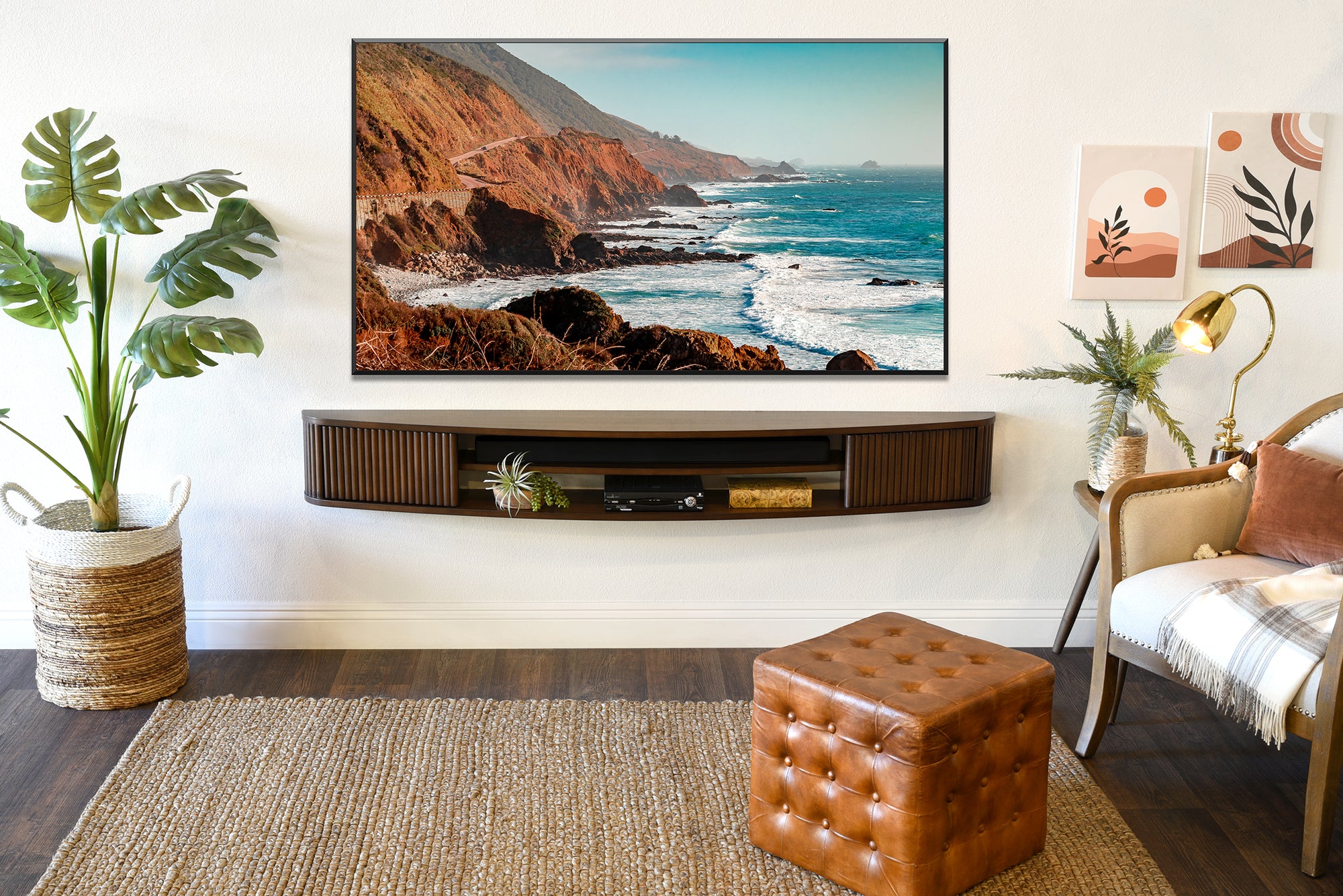 Floating TV Stand Curved Wall Mount 72" Console - Arc - Russet Brown