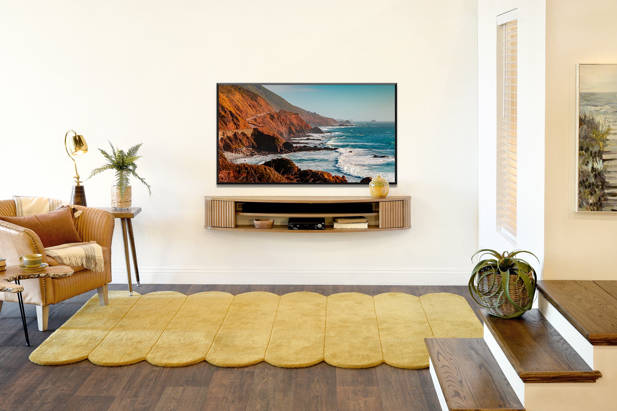 Floating TV Stand Curved Wall Mount 58" Console - Arc - Wheat