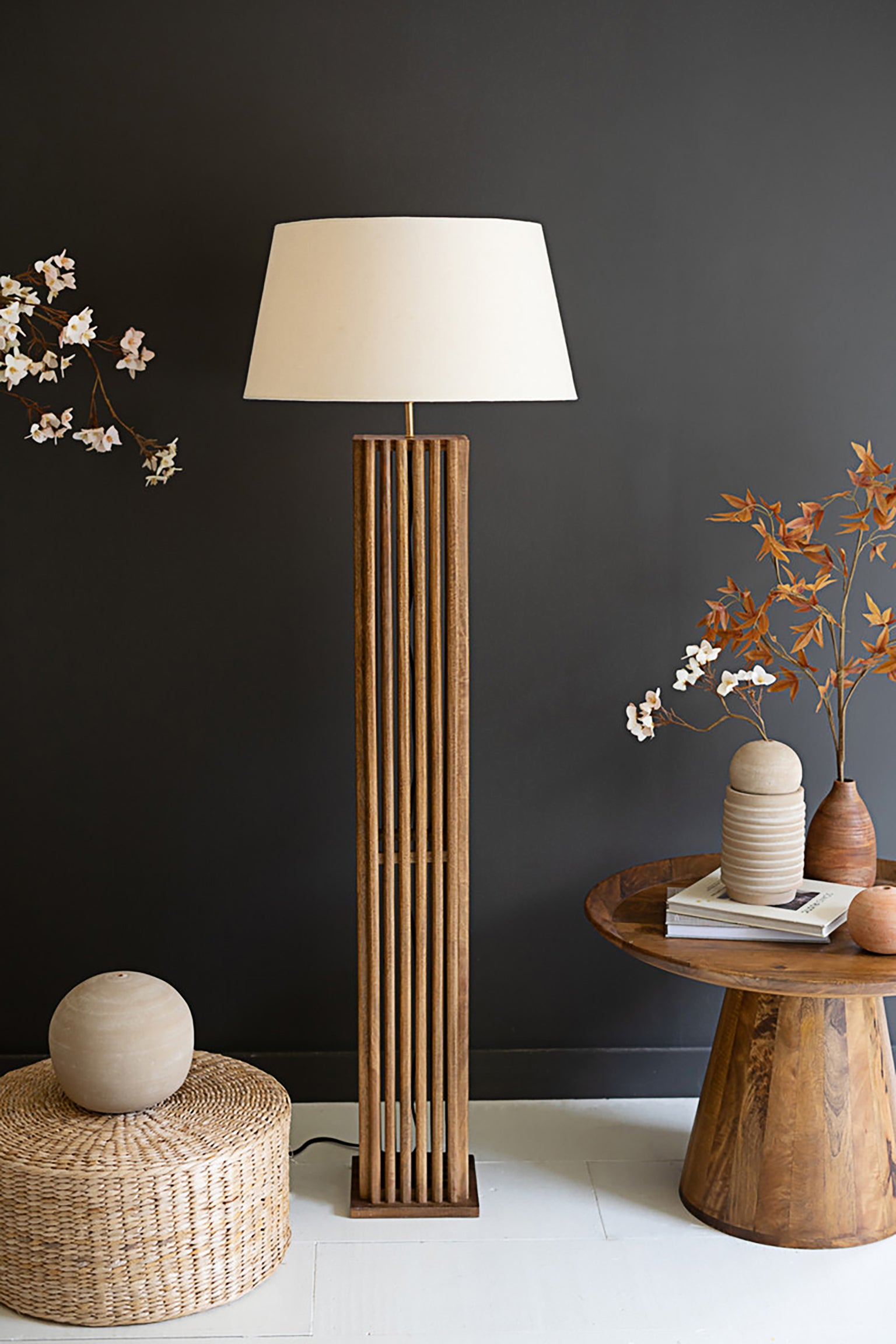 Modern Wood Spindle Floor Lamp With Fabric Shade