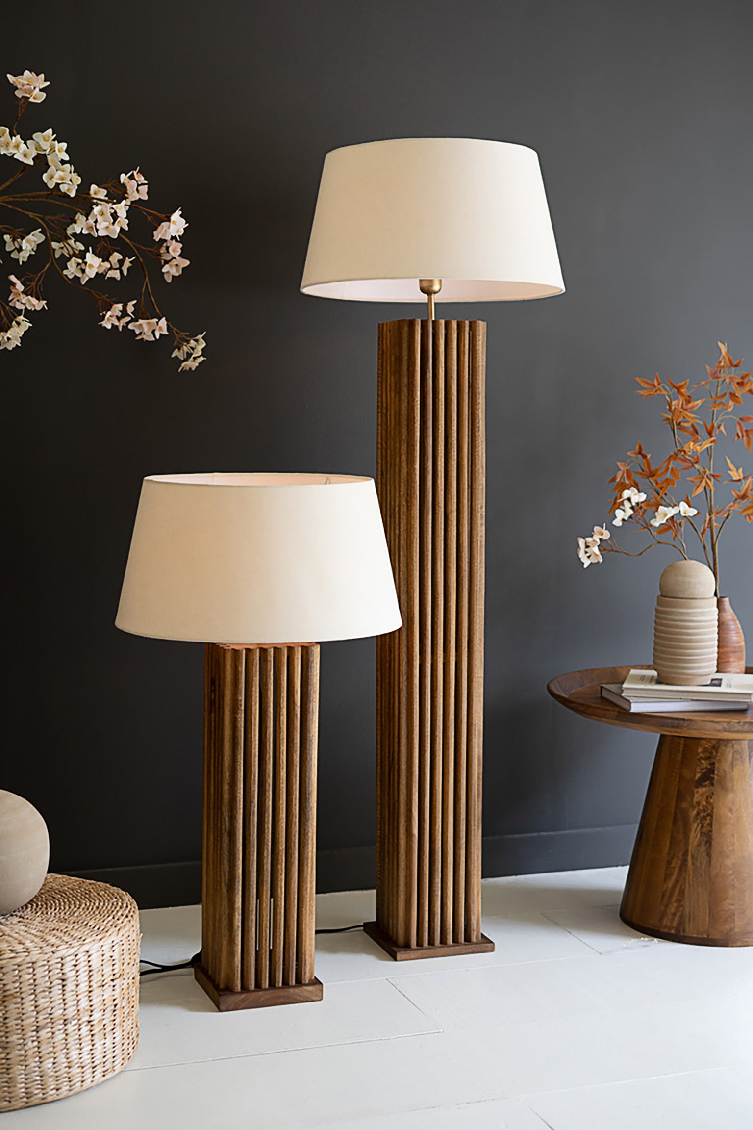 Modern Wood Spindle Table Lamp With Fabric Shade