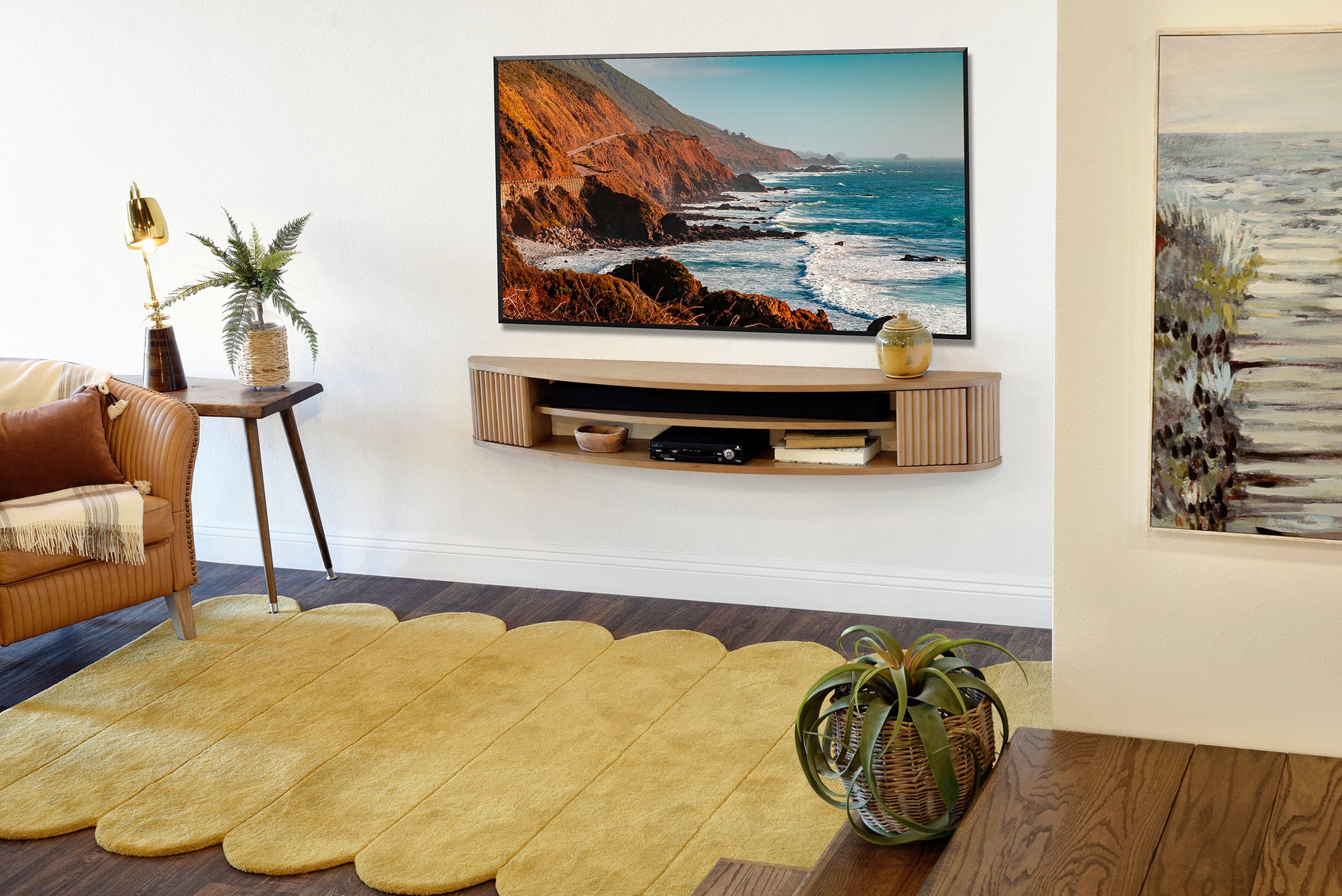 Floating TV Stand Curved Wall Mount 58" Console - Arc - Wheat