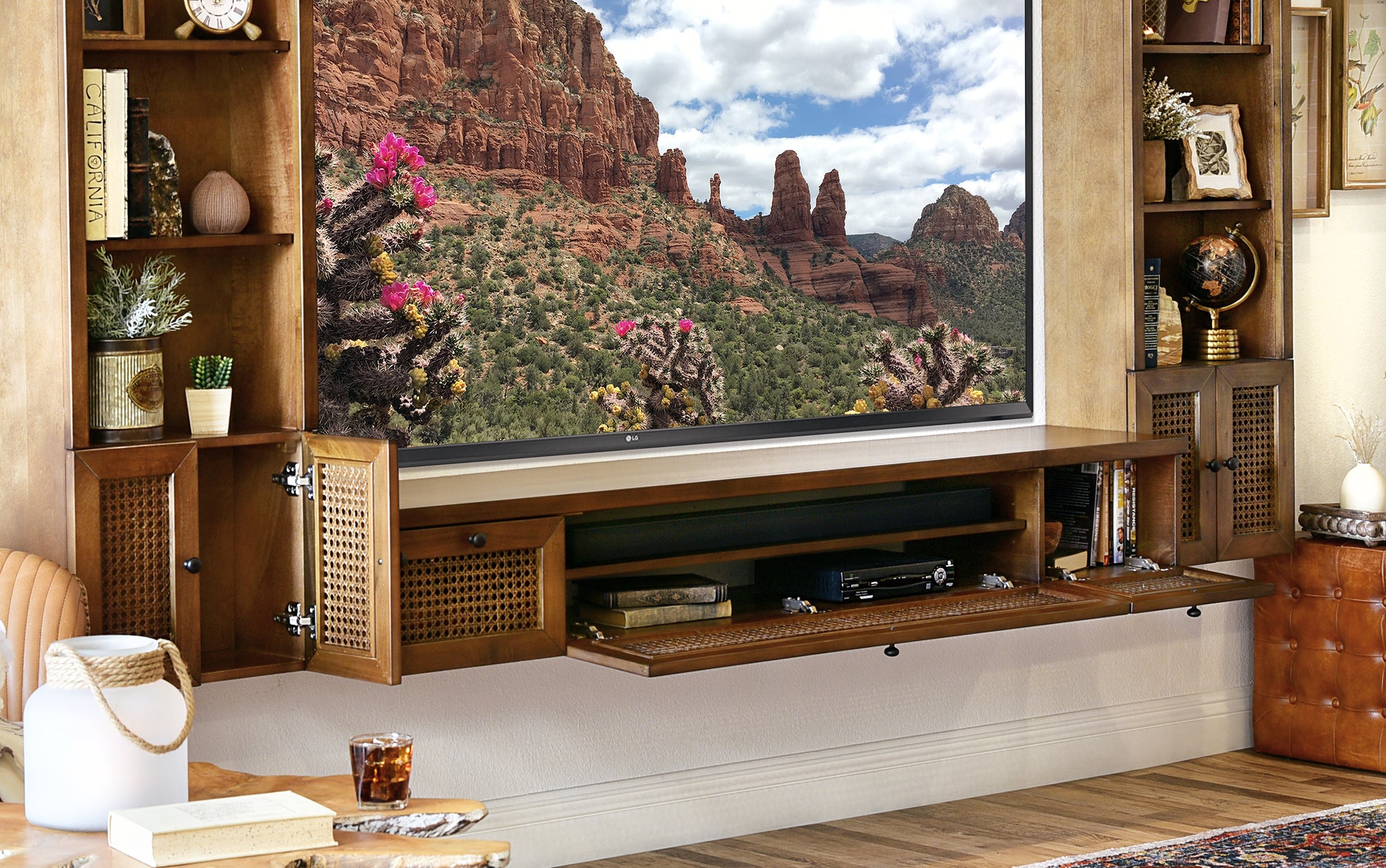 Modern All Wood Wall Mount Entertainment Center Floating TV Stand  - Sugar Cane - Spice