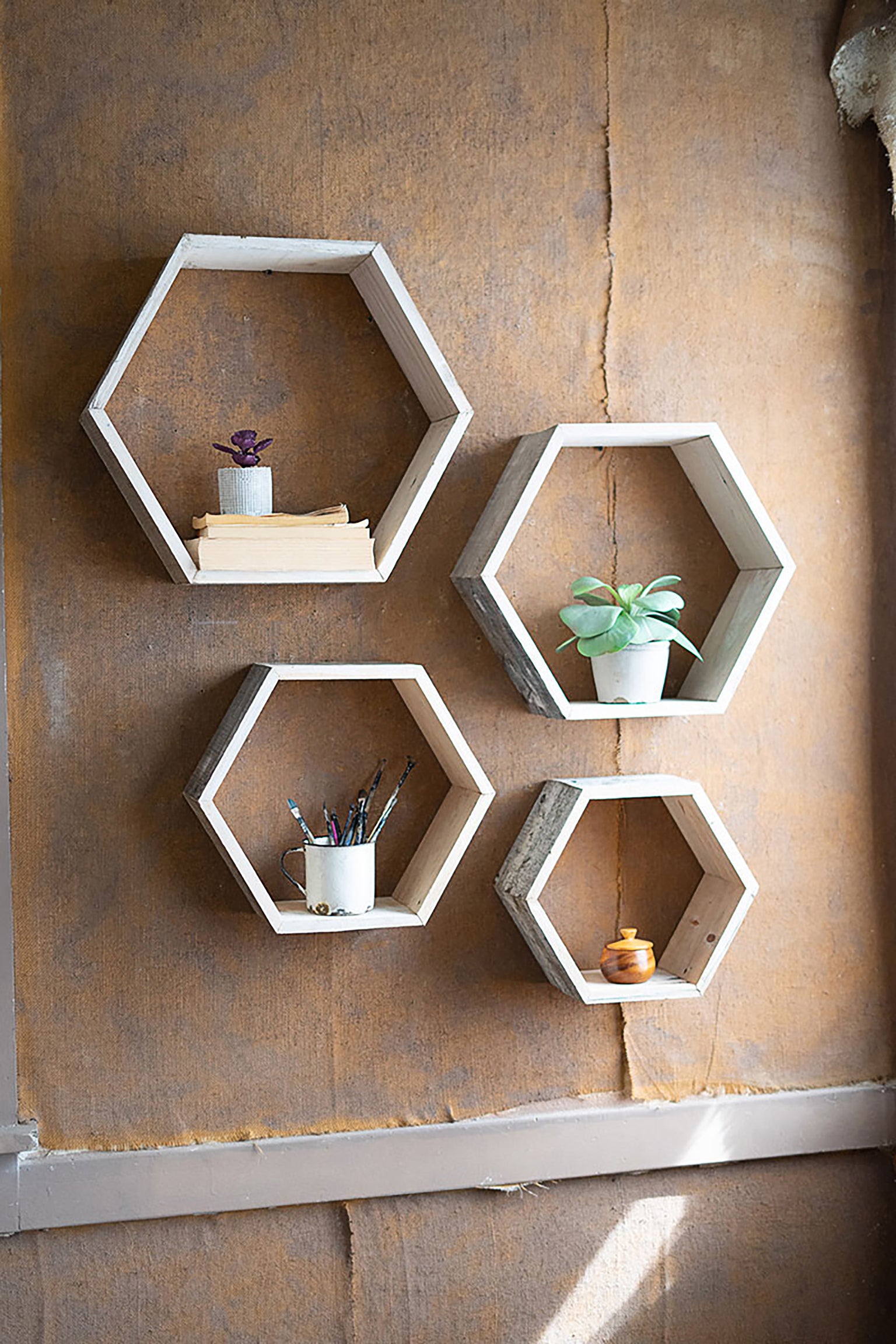 Rustic White Wash Wood Hexagon Wall Shelf Set