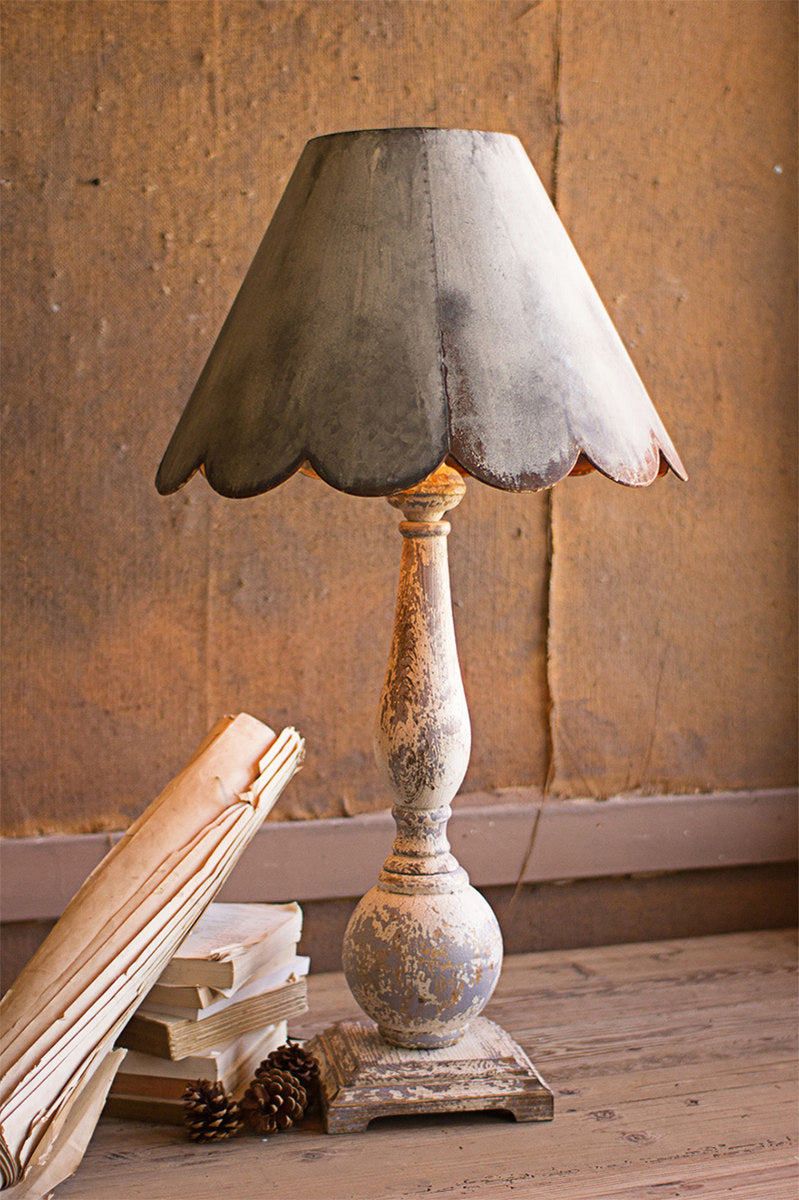 Rustic Wood Cottagecore Table Lamp With Scalloped Metal Shade
